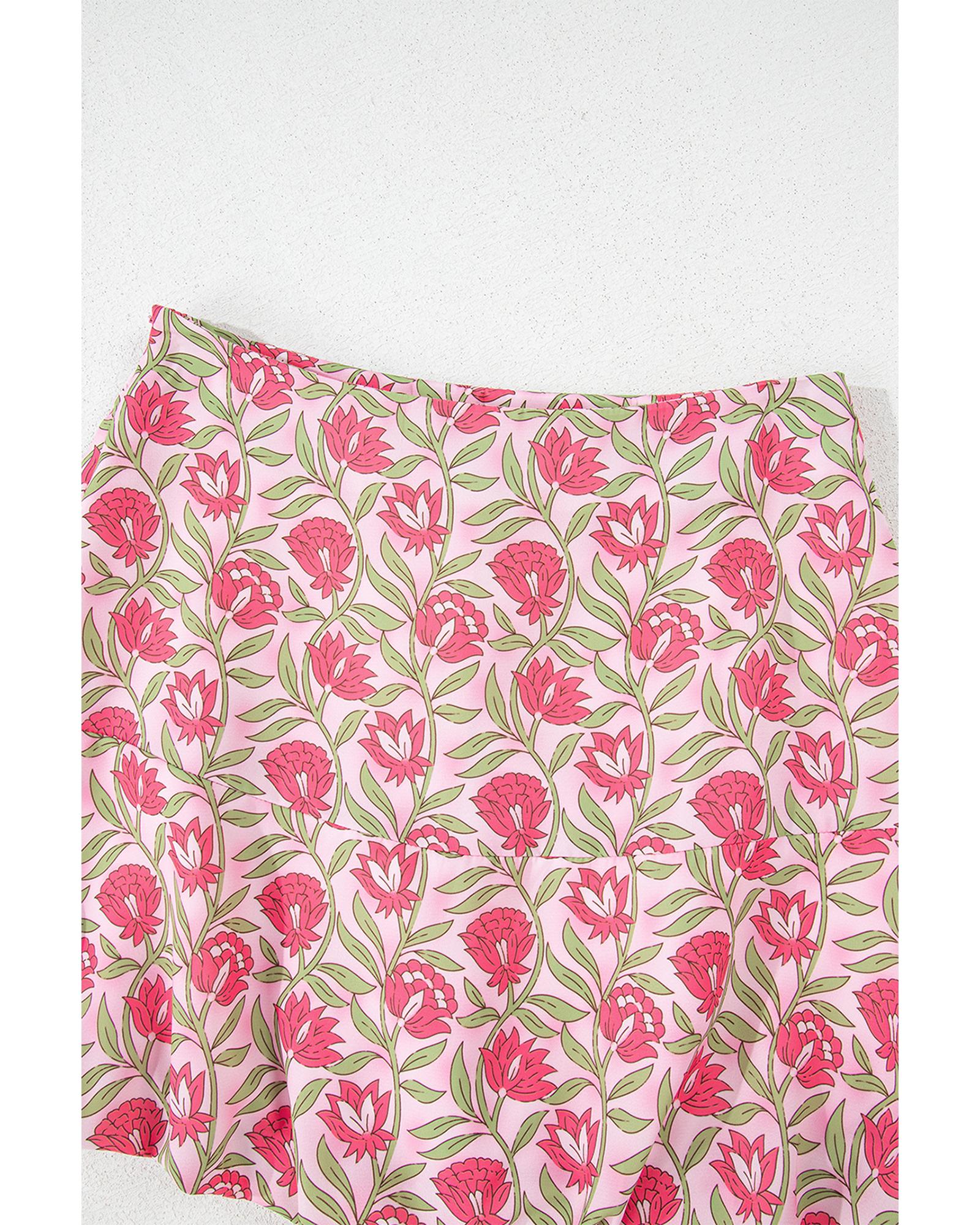 Pink Floral Print Puffy Cropped Tank and Mini Skirt Set - XL