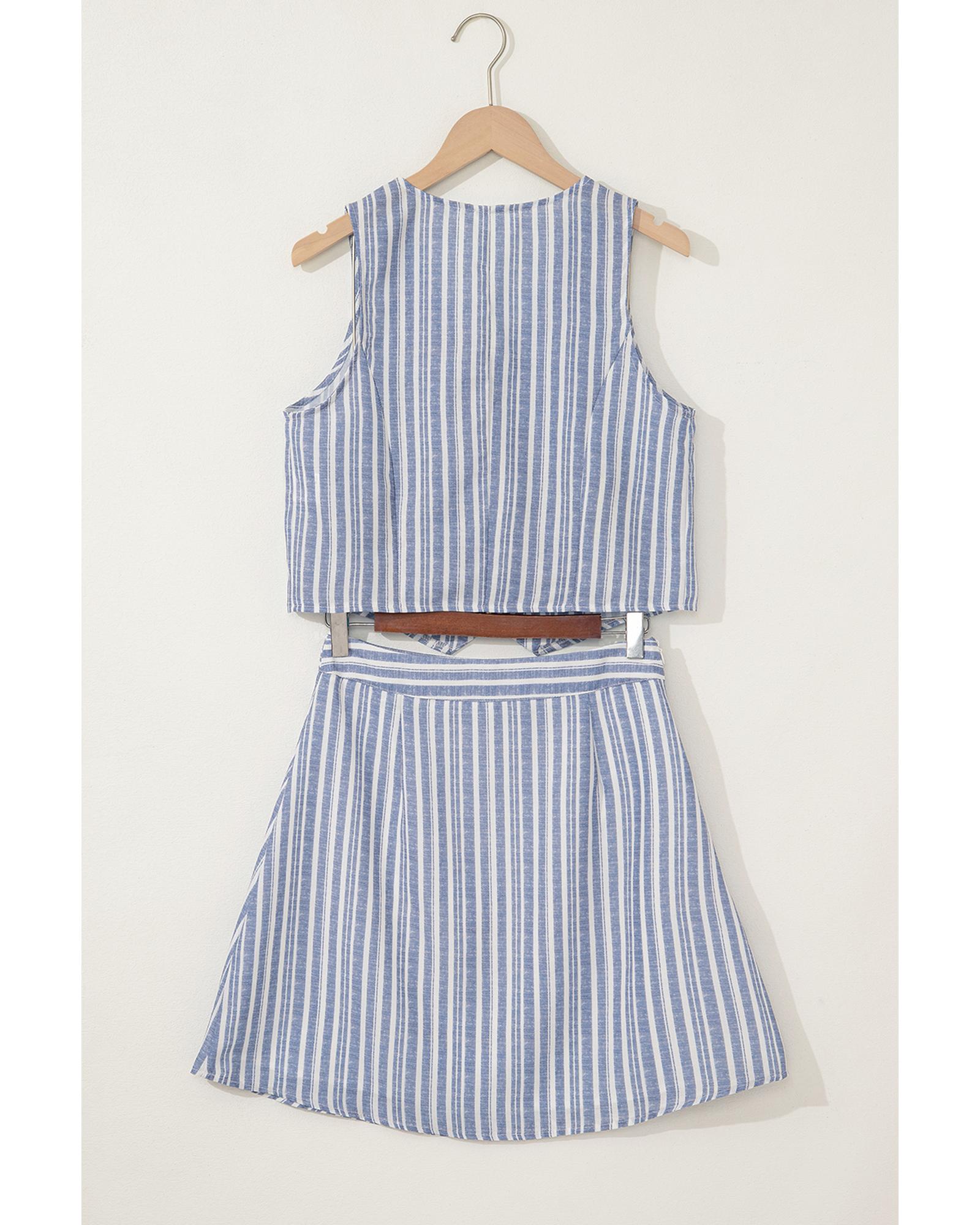 Sky Blue Stripe Buttoned Office Waistcoat Mini Skirt Set - L