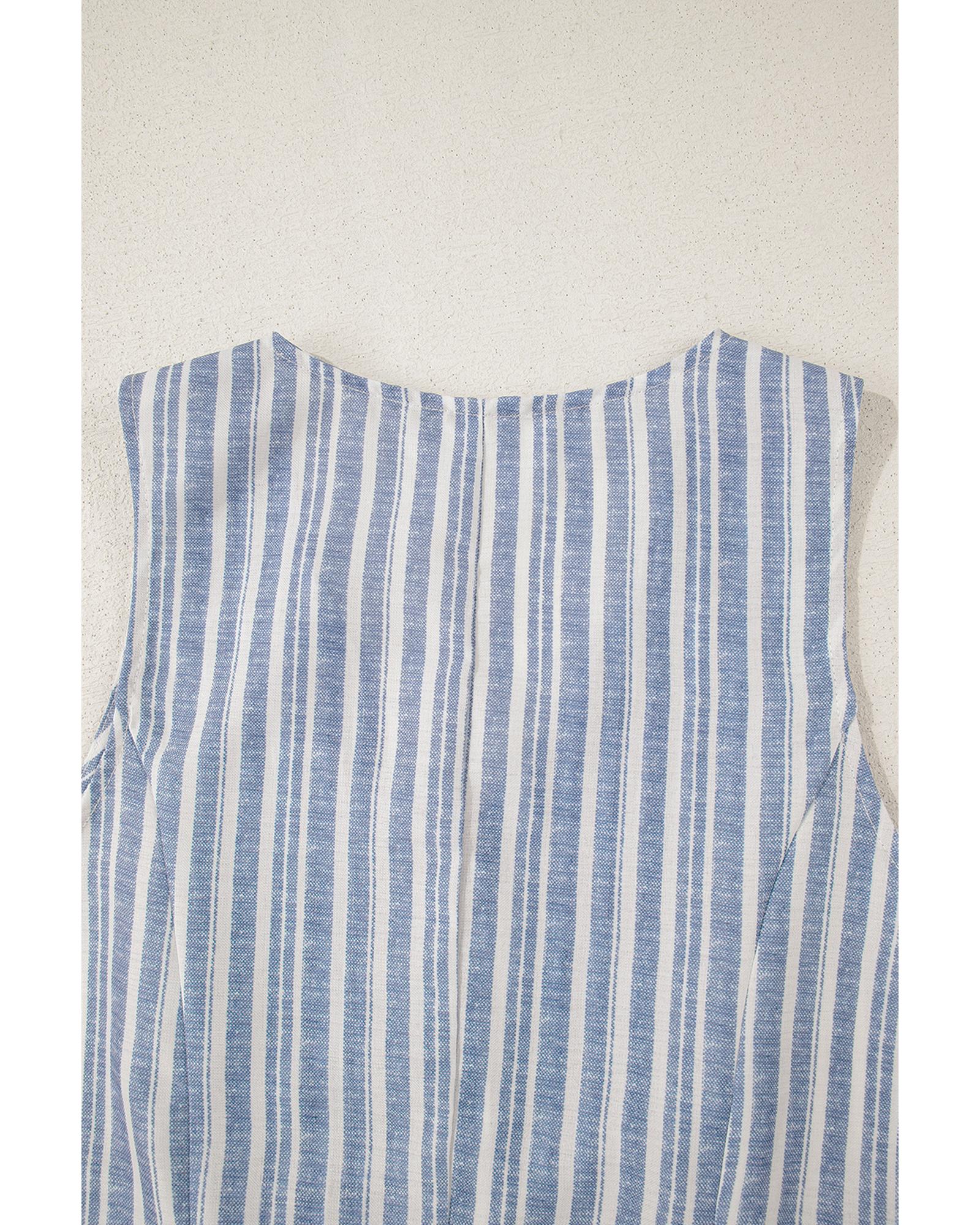 Sky Blue Stripe Buttoned Office Waistcoat Mini Skirt Set - M