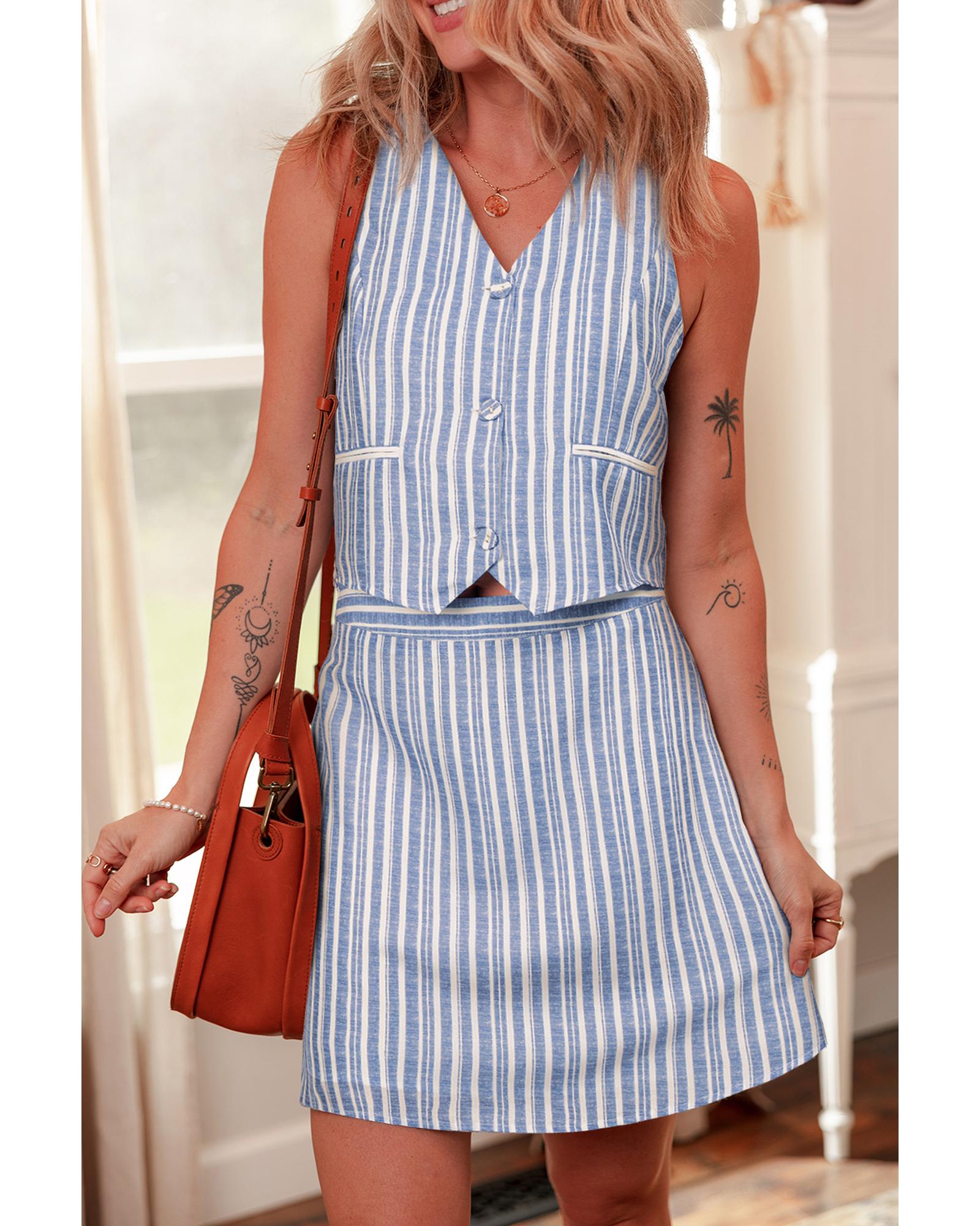 Sky Blue Stripe Buttoned Office Waistcoat Mini Skirt Set - XL