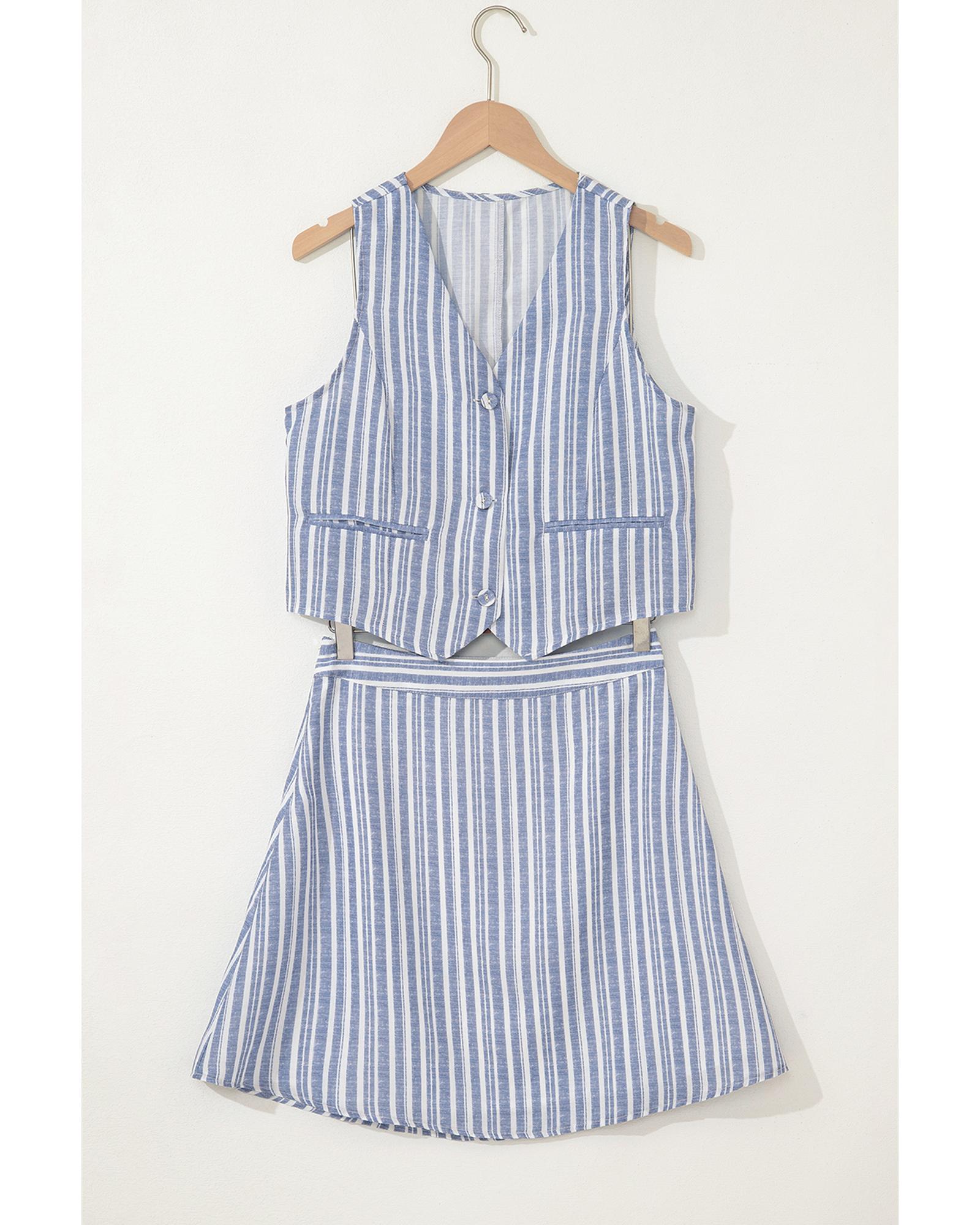 Sky Blue Stripe Buttoned Office Waistcoat Mini Skirt Set - XL