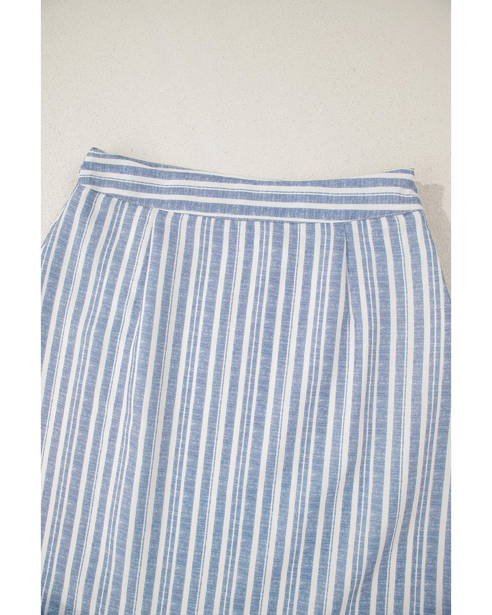 Sky Blue Stripe Buttoned Office Waistcoat Mini Skirt Set - XL