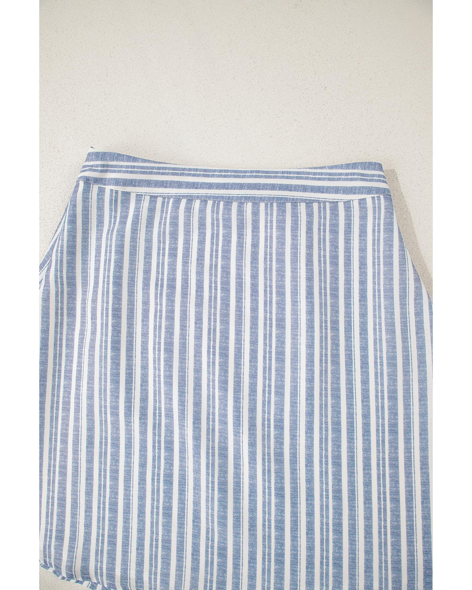 Sky Blue Stripe Buttoned Office Waistcoat Mini Skirt Set - XL