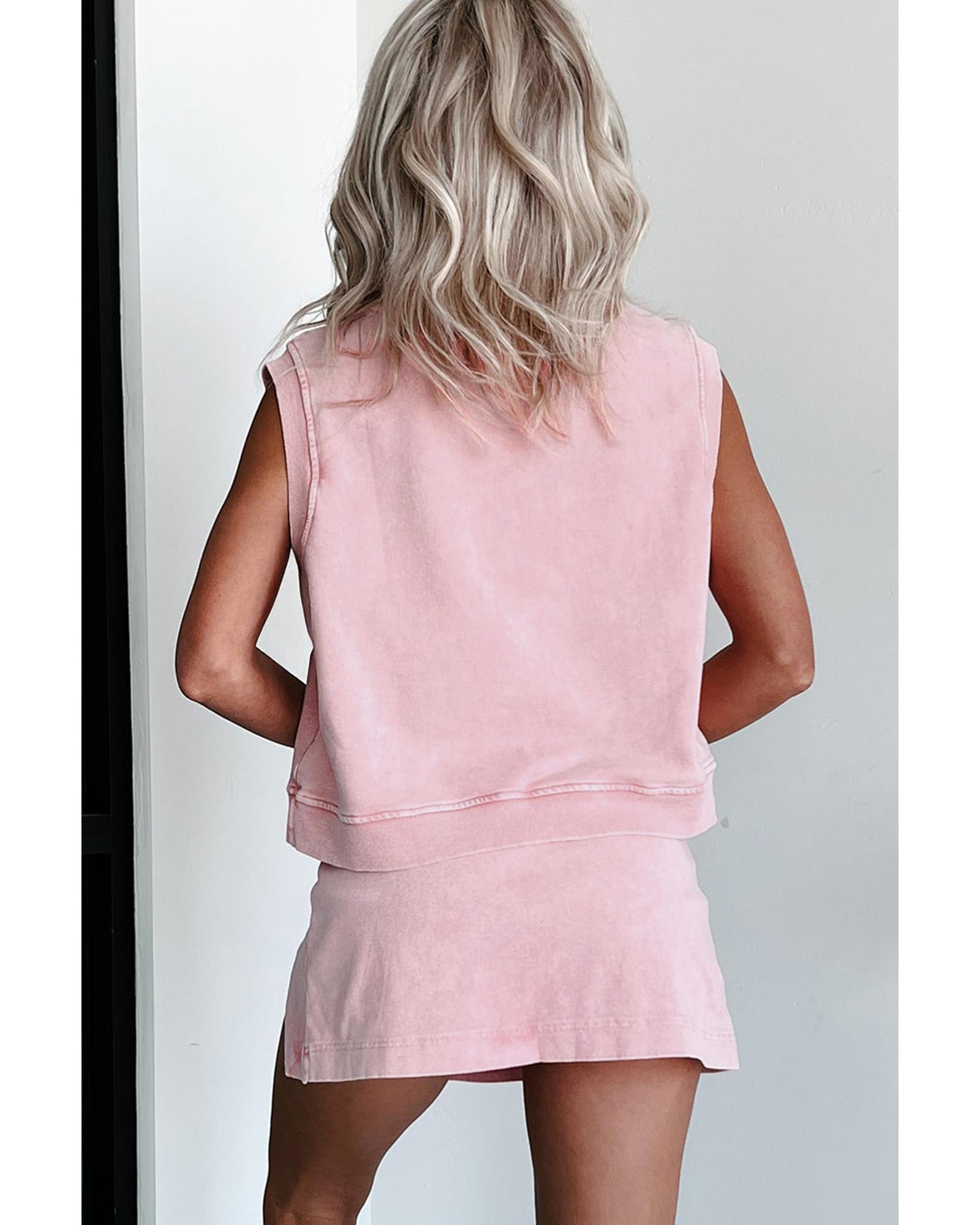 Light Pink 2 Pieces Mineral Wash Cotton Tank Top Lined Split Skirt Set - M