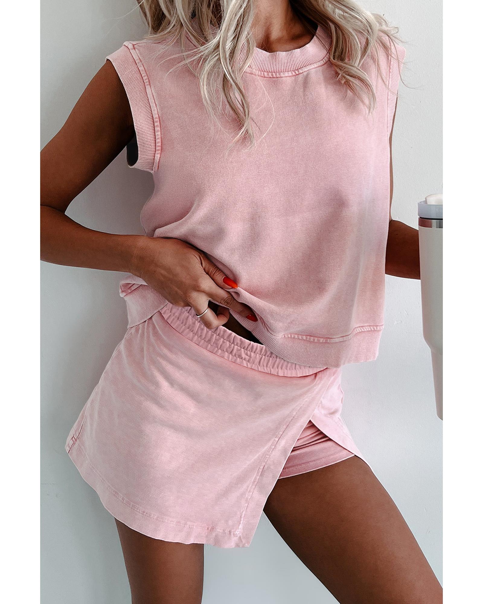 Light Pink 2 Pieces Mineral Wash Cotton Tank Top Lined Split Skirt Set - M
