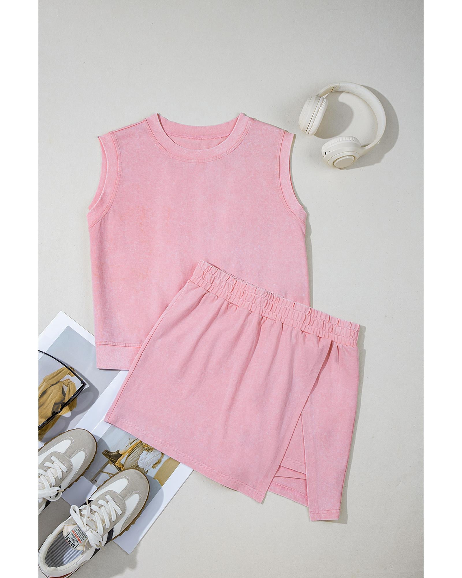 Light Pink 2 Pieces Mineral Wash Cotton Tank Top Lined Split Skirt Set - M
