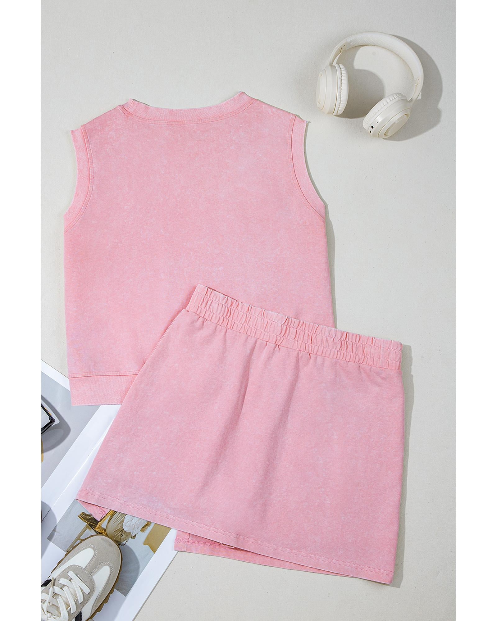 Light Pink 2 Pieces Mineral Wash Cotton Tank Top Lined Split Skirt Set - M