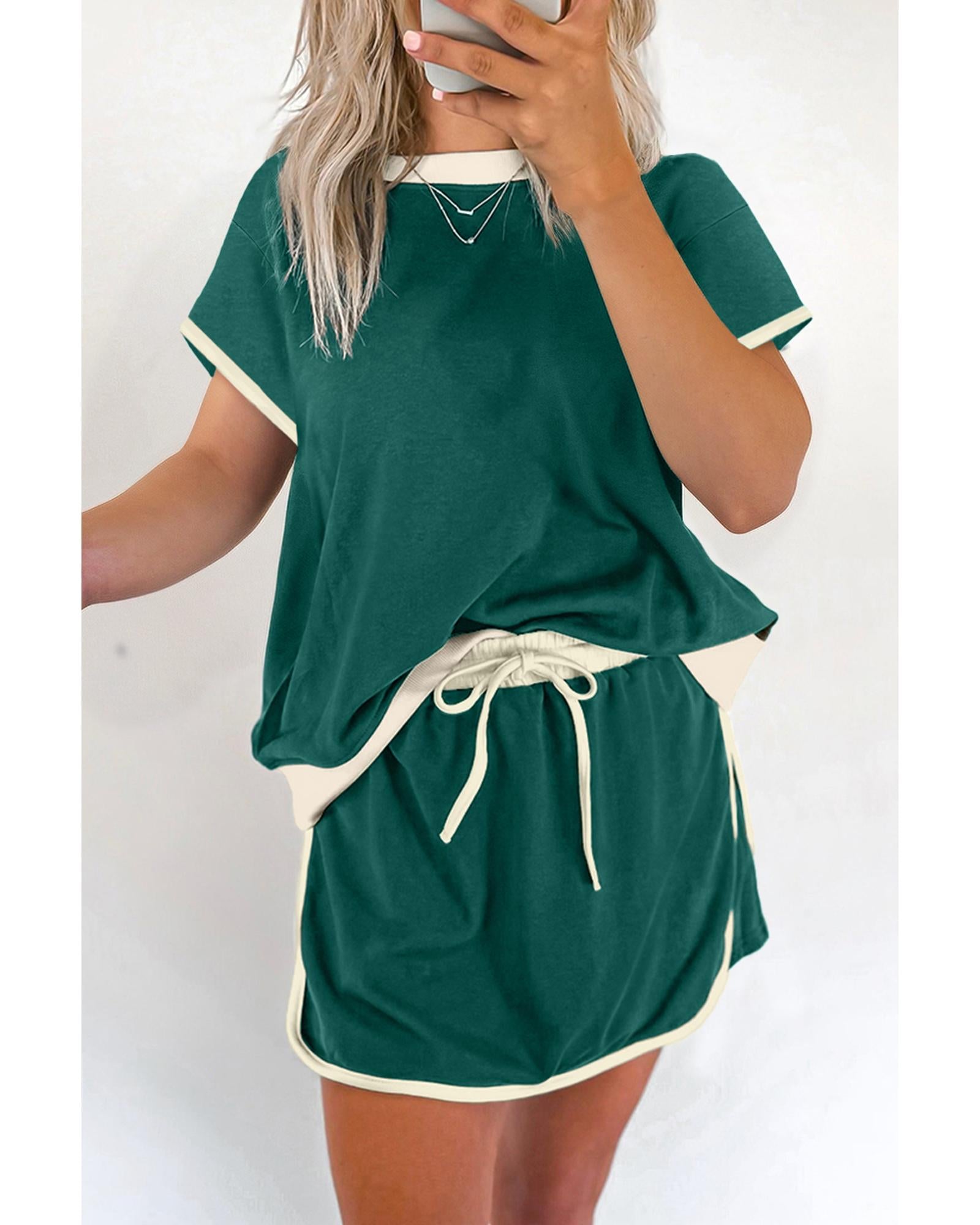 Evergreen Colorblock Edge Drop Shoulder T Shirt and Skirt 2Pcs Set - L