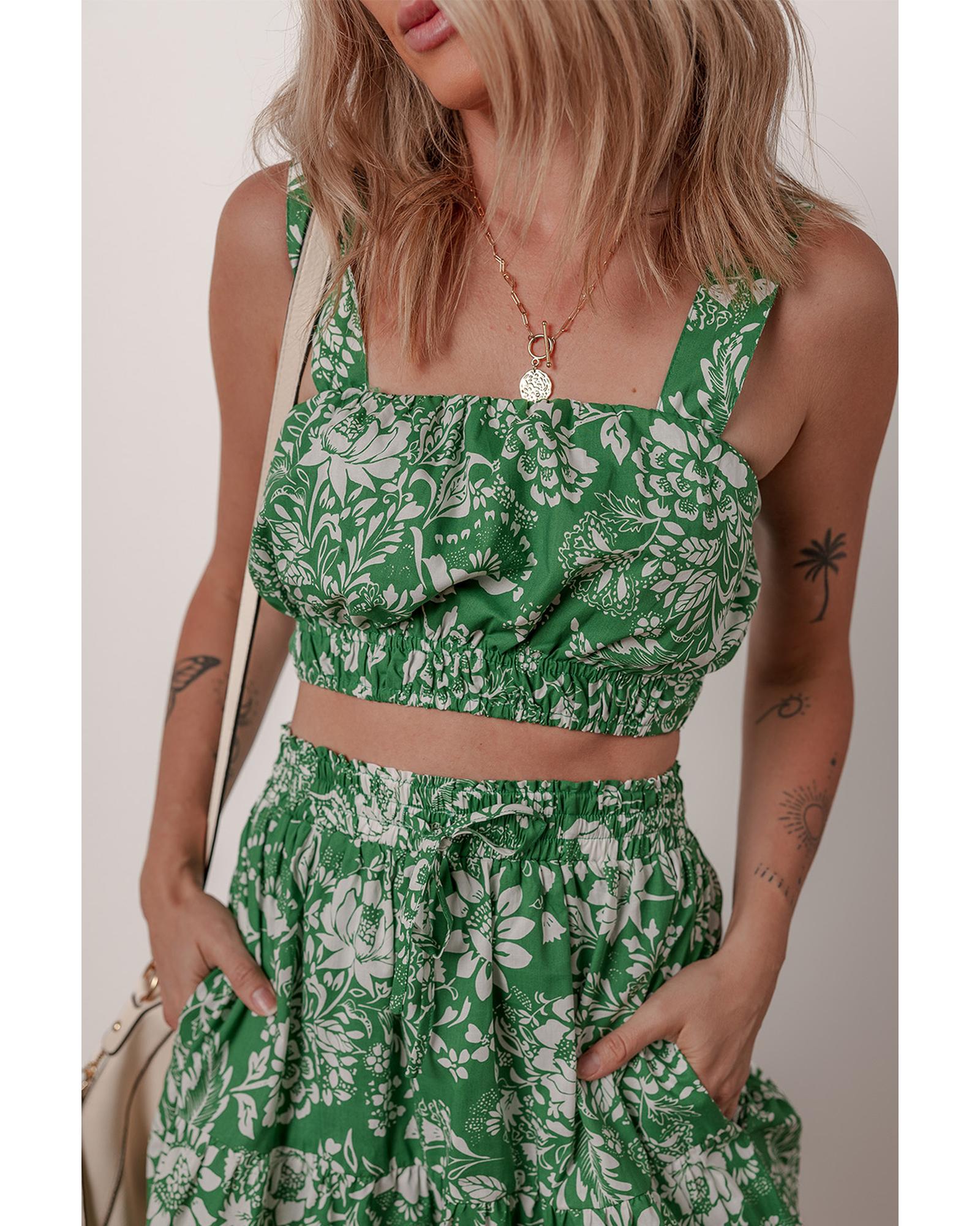 Green Floral Print Shirred Crop Top and High Waist Midi Skirt Set - L
