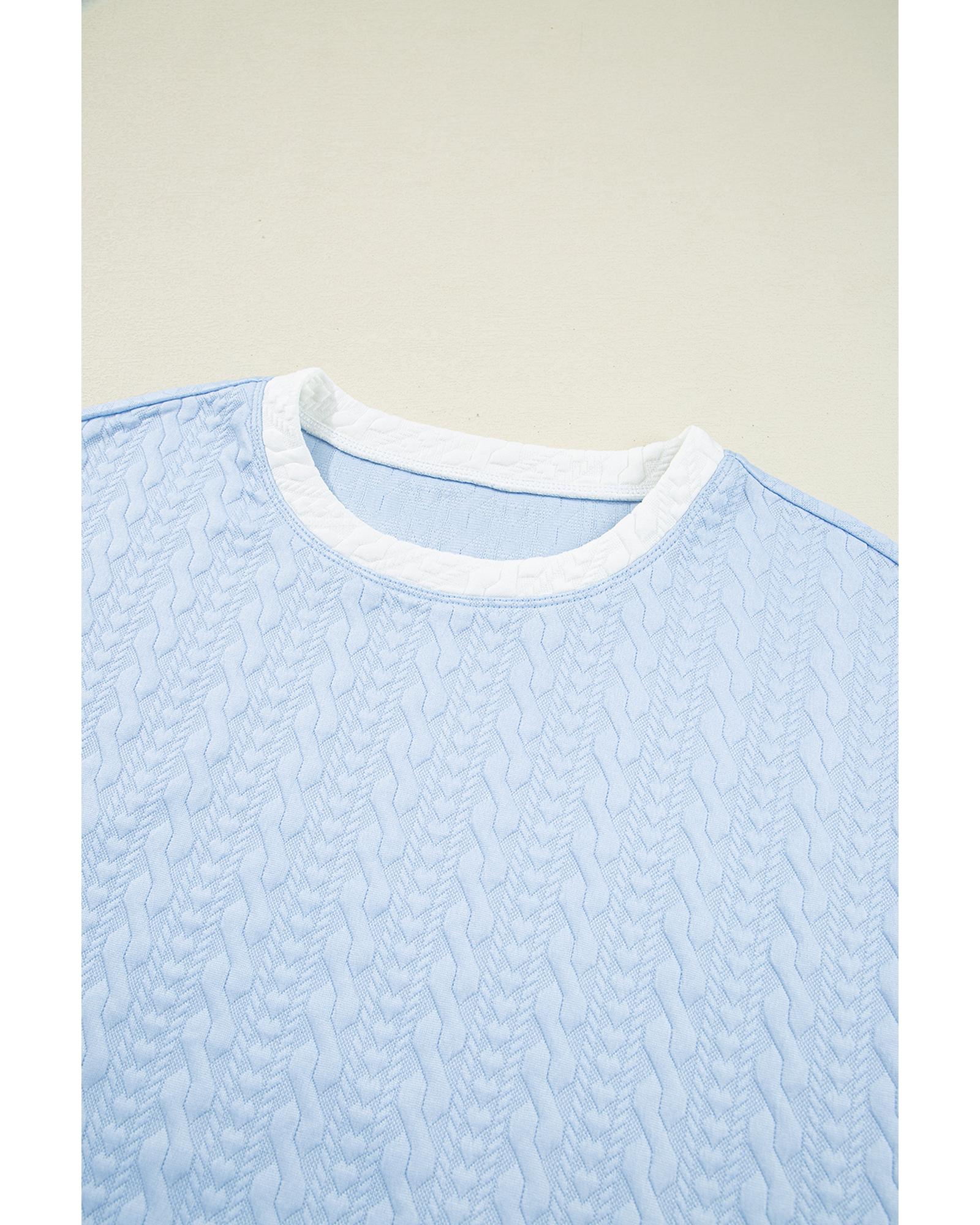 Beau Blue Contrast Trim Textured Crewneck Tee and Pocketed Skirt Set - L
