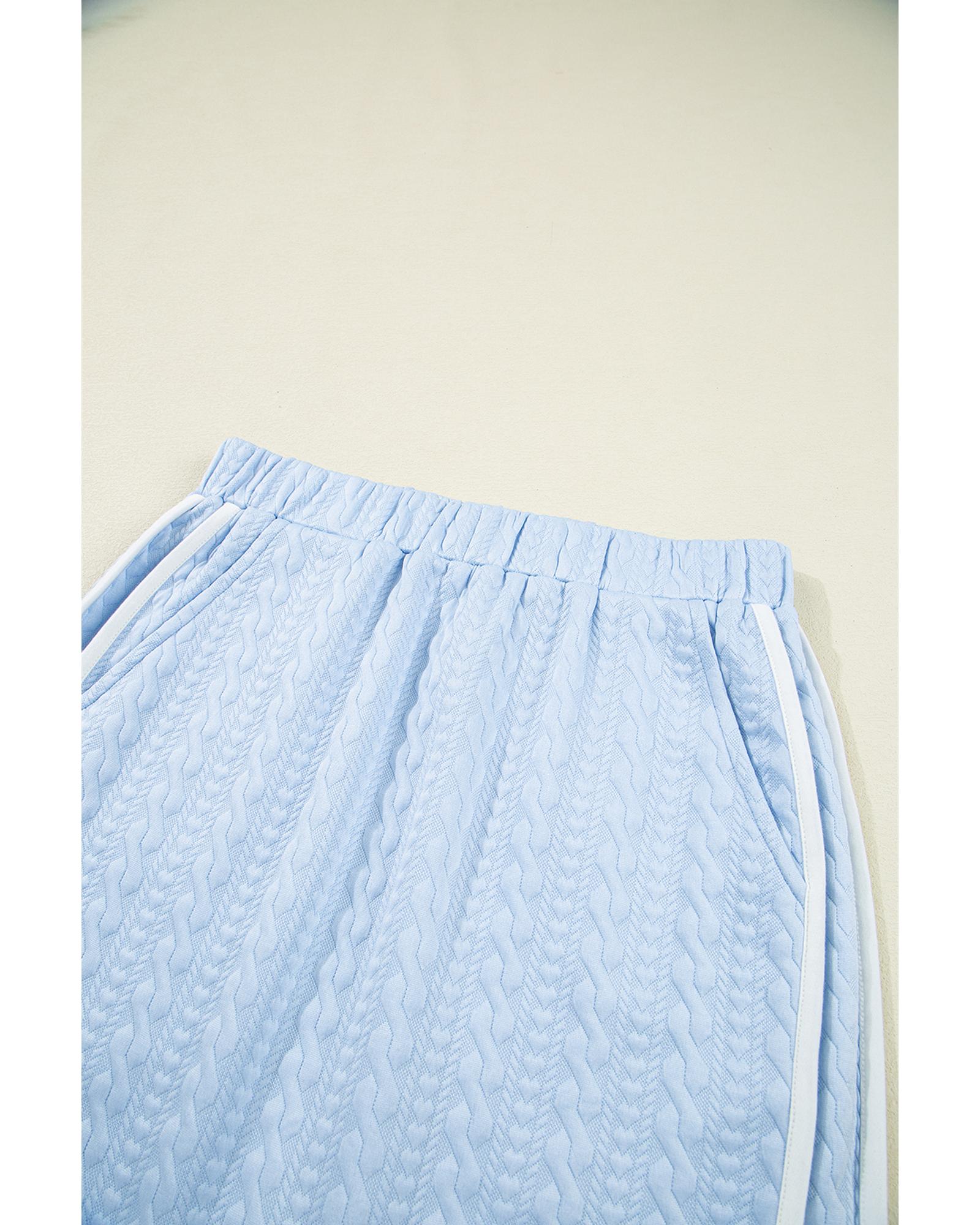 Beau Blue Contrast Trim Textured Crewneck Tee and Pocketed Skirt Set - L