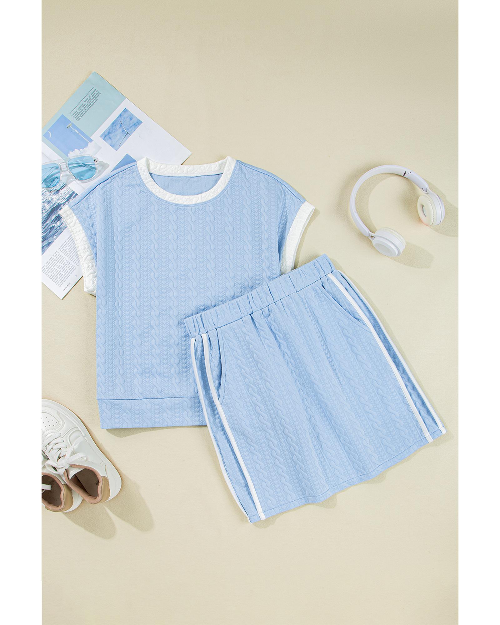 Beau Blue Contrast Trim Textured Crewneck Tee and Pocketed Skirt Set - XL