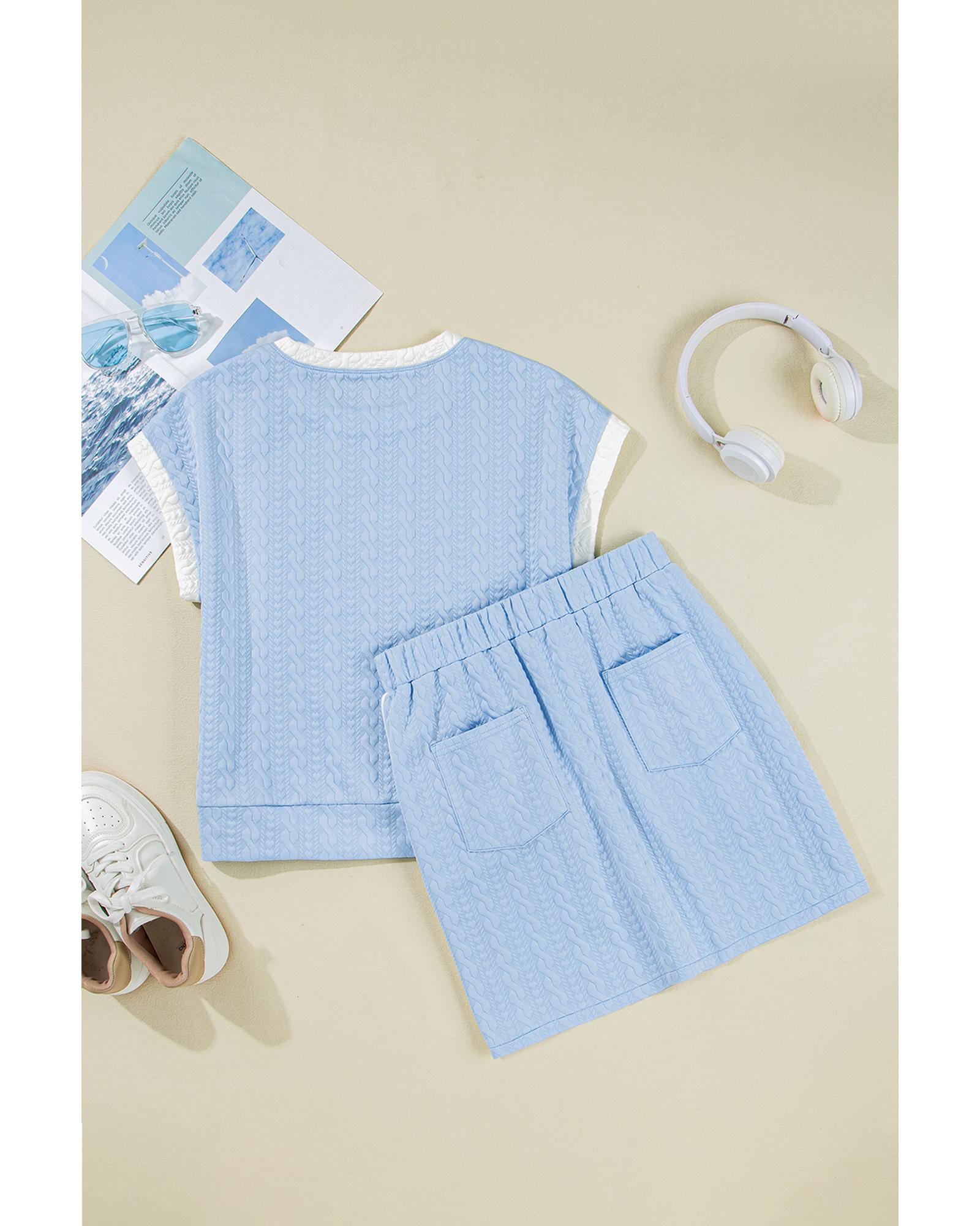 Beau Blue Contrast Trim Textured Crewneck Tee and Pocketed Skirt Set - XL