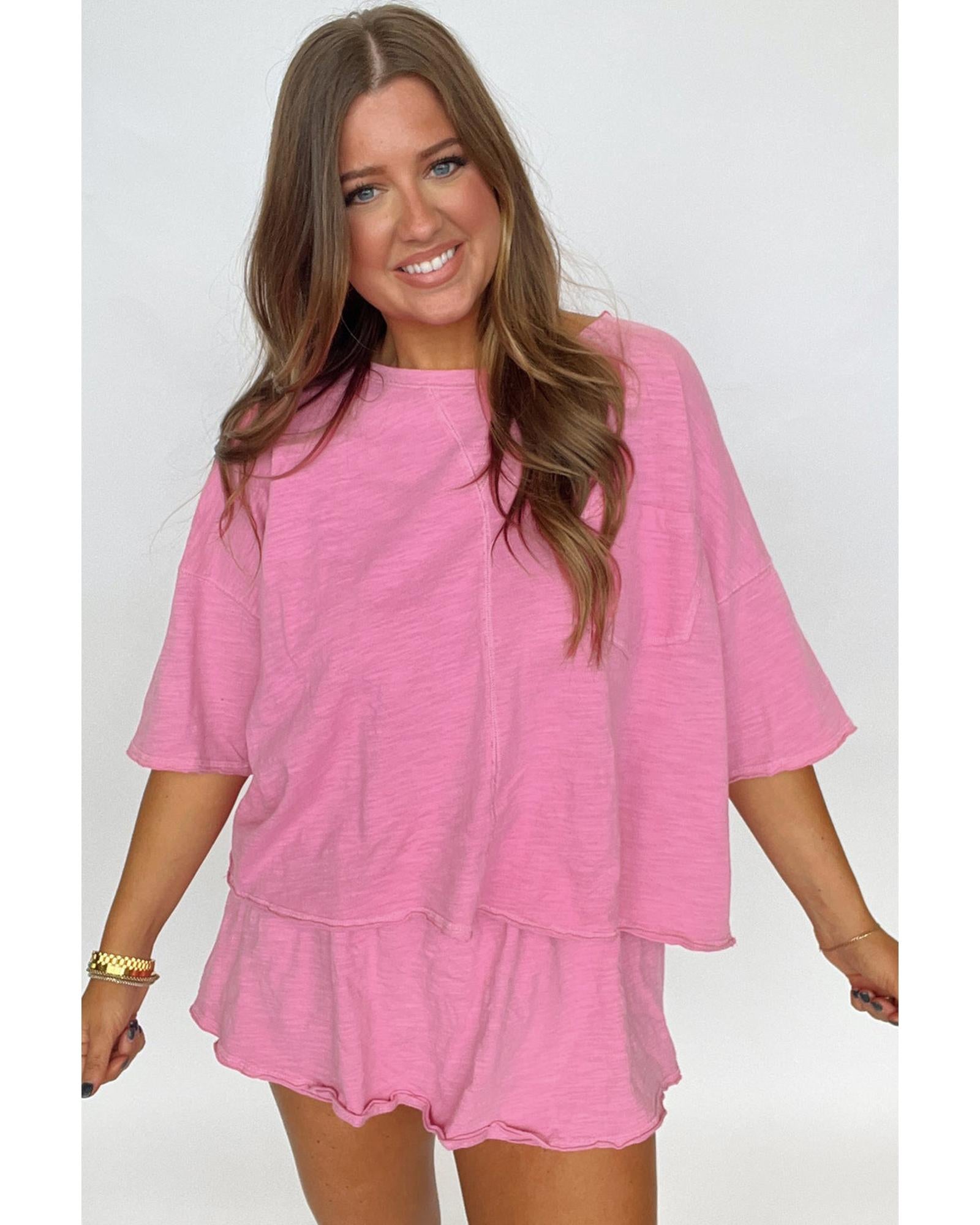 Sachet Pink Loose Fit Half Sleeve T Shirt and High Waist Skirt Set - S