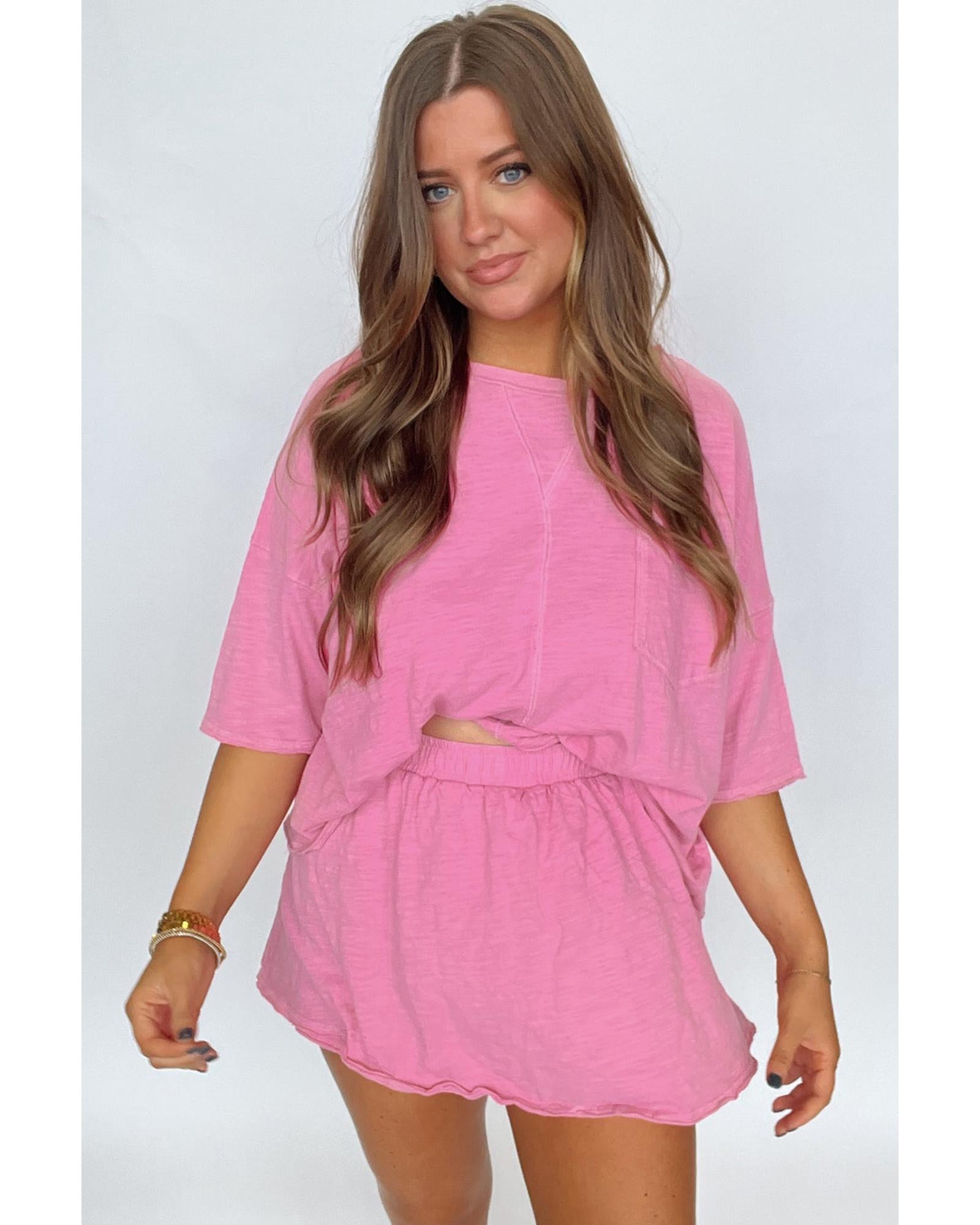 Sachet Pink Loose Fit Half Sleeve T Shirt and High Waist Skirt Set - S