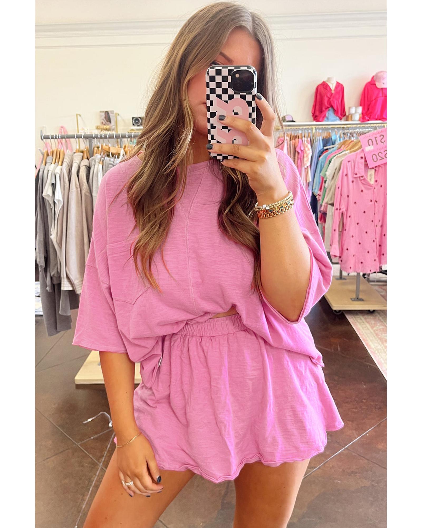 Sachet Pink Loose Fit Half Sleeve T Shirt and High Waist Skirt Set - S