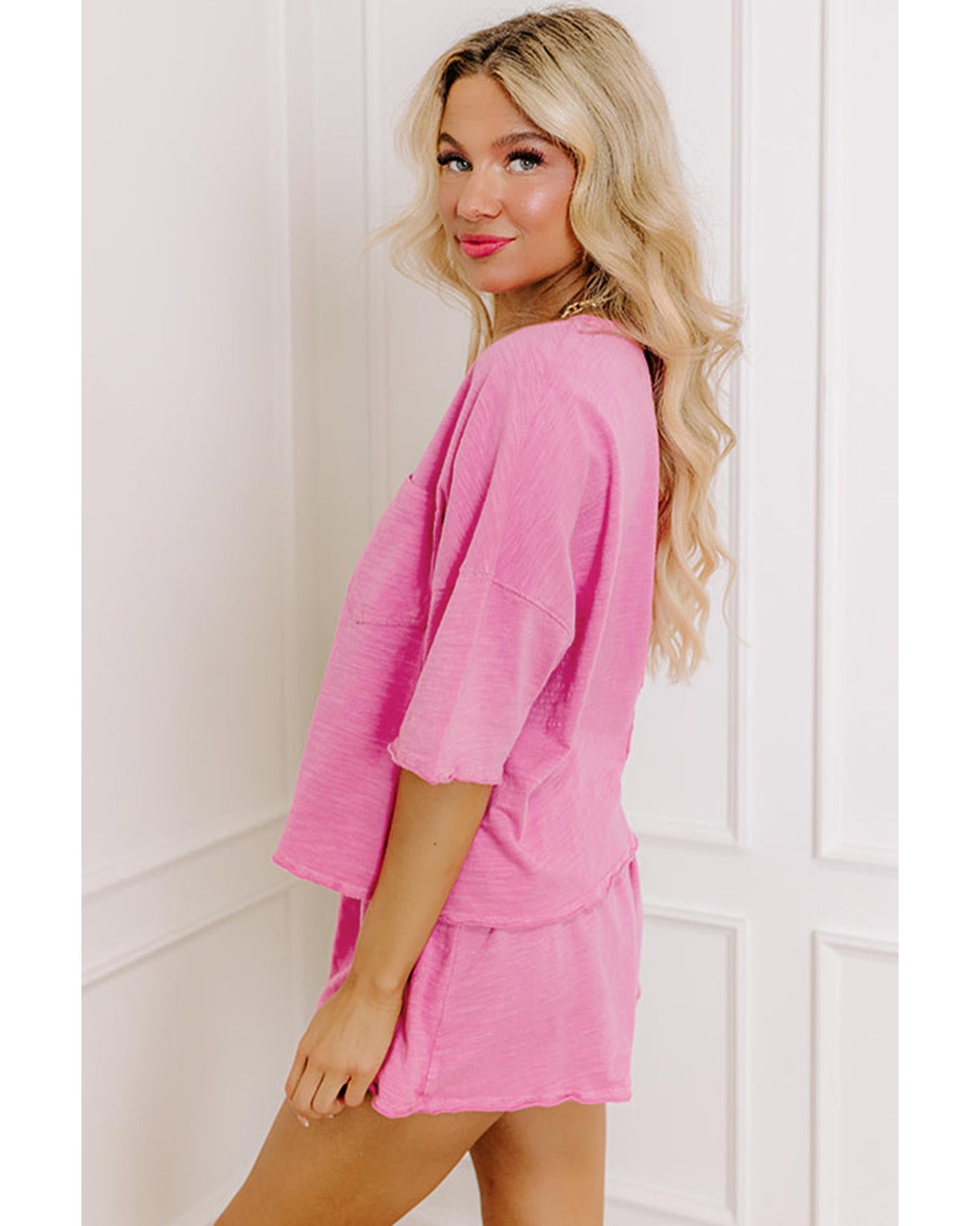 Sachet Pink Loose Fit Half Sleeve T Shirt and High Waist Skirt Set - S