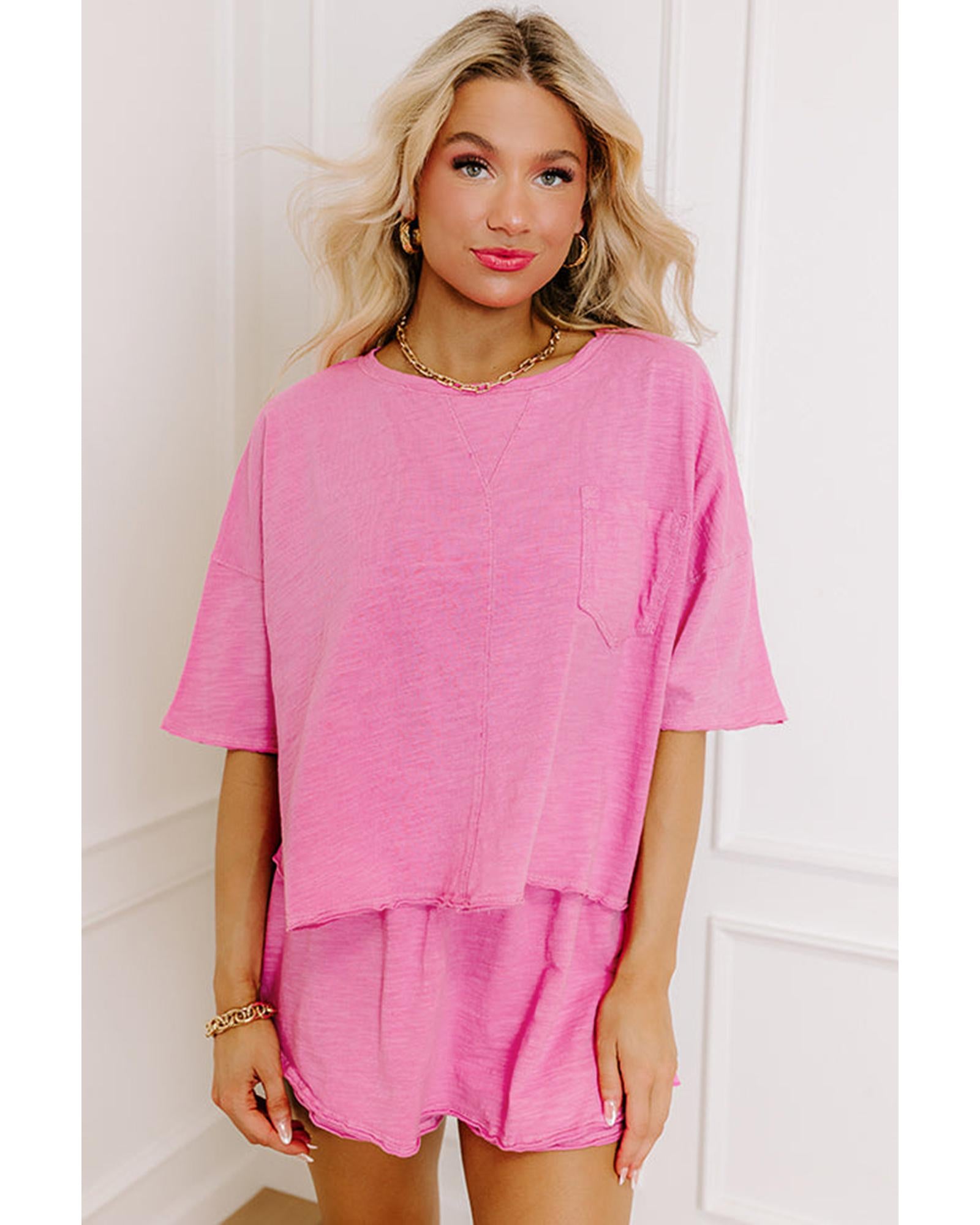 Sachet Pink Loose Fit Half Sleeve T Shirt and High Waist Skirt Set - S