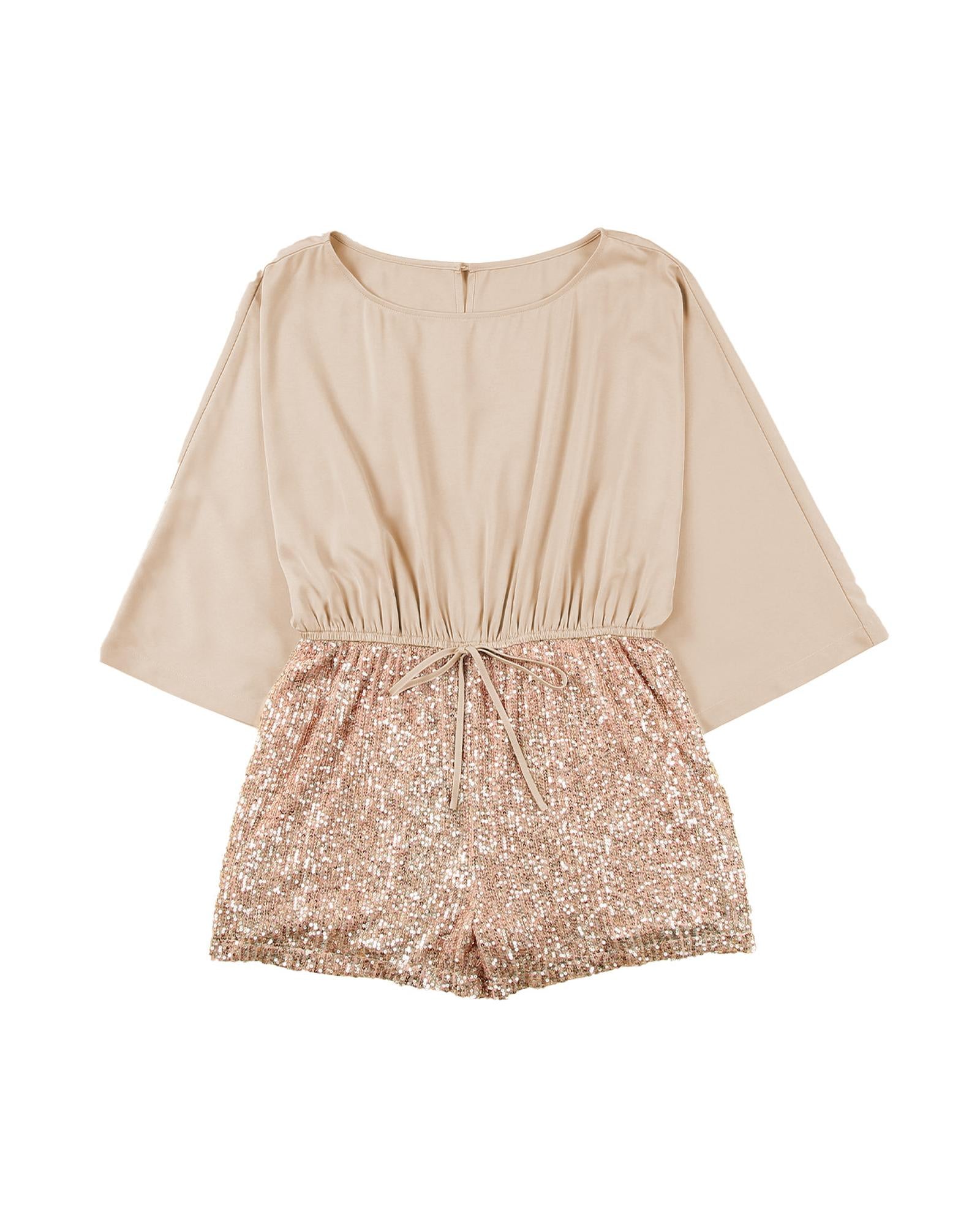 Azura Exchange Khaki Sequin Patchwork Drawstring High Waist Romper - XL