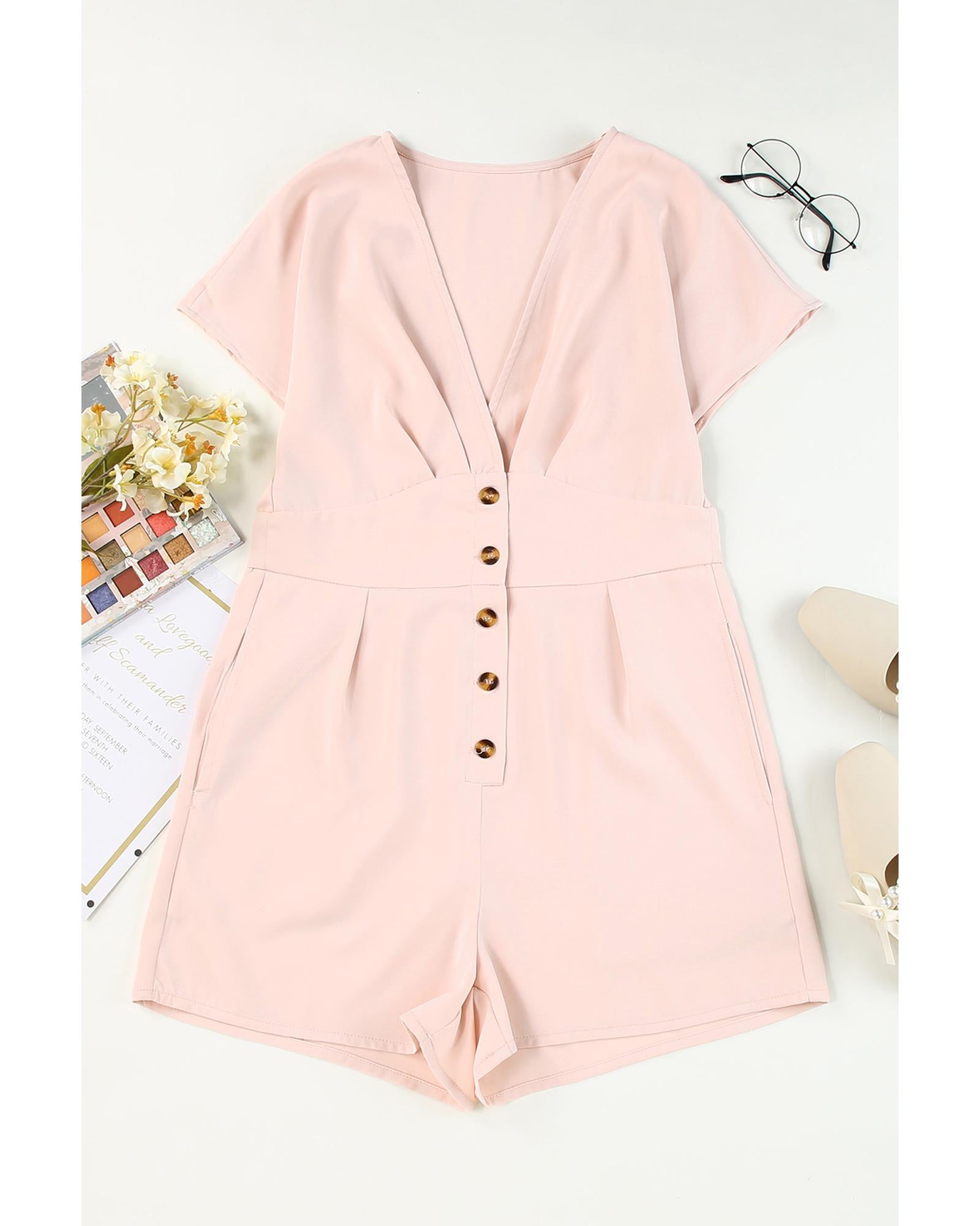Azura Exchange Pink Deep V Neck Buttoned High Waist Romper - M