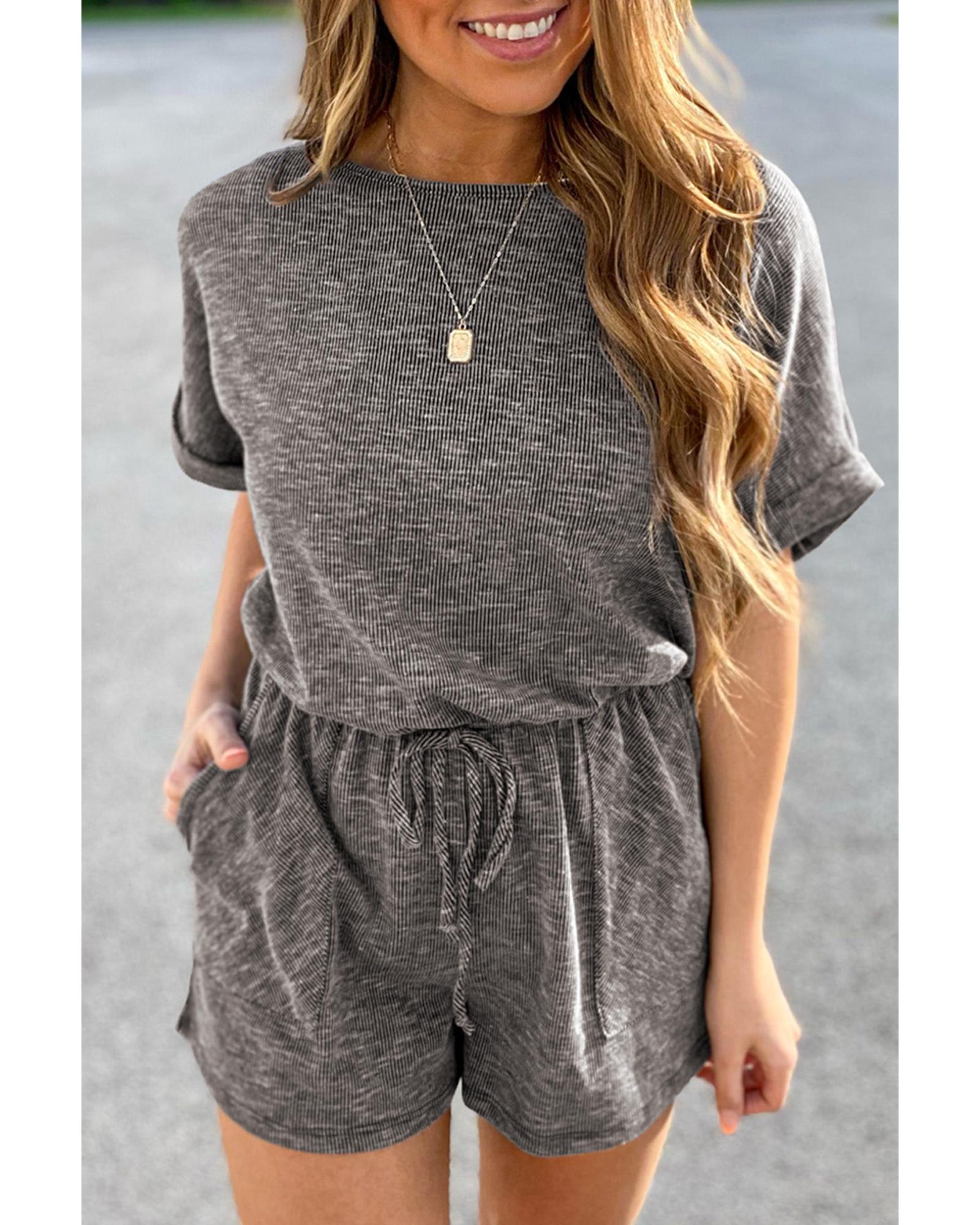 Gray Ribbed Elastic Waist Romper - L