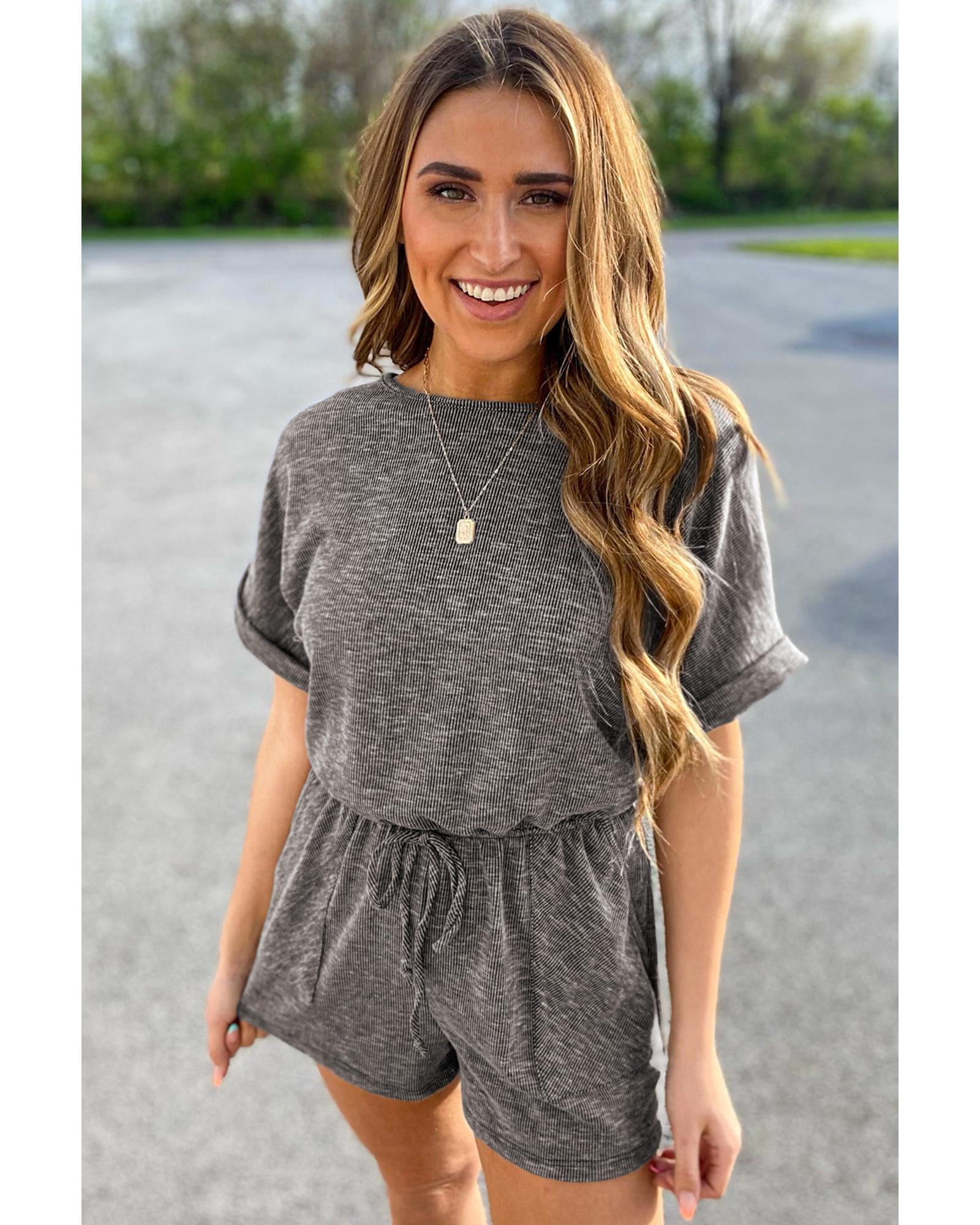 Gray Ribbed Elastic Waist Romper - L