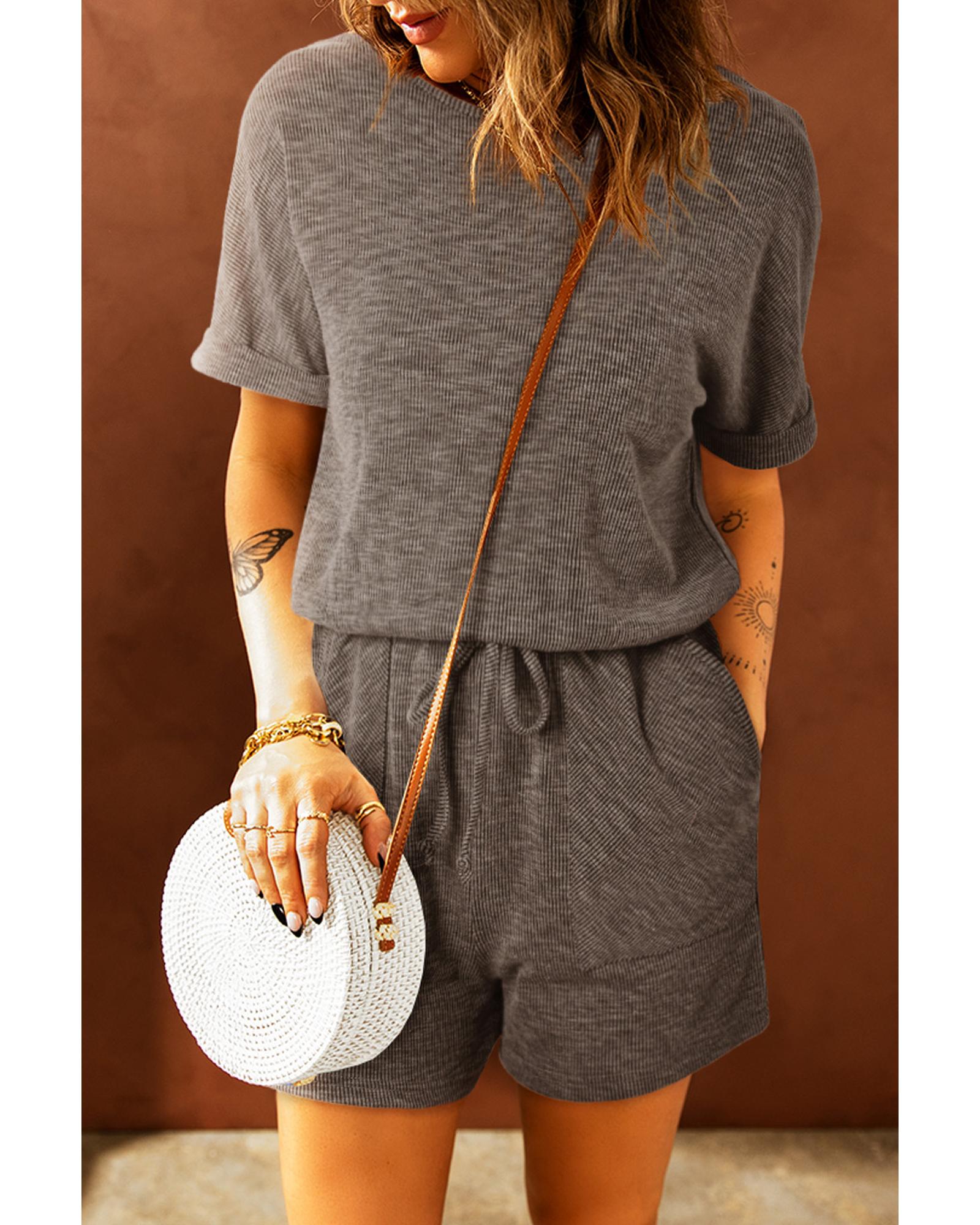Gray Ribbed Elastic Waist Romper - M