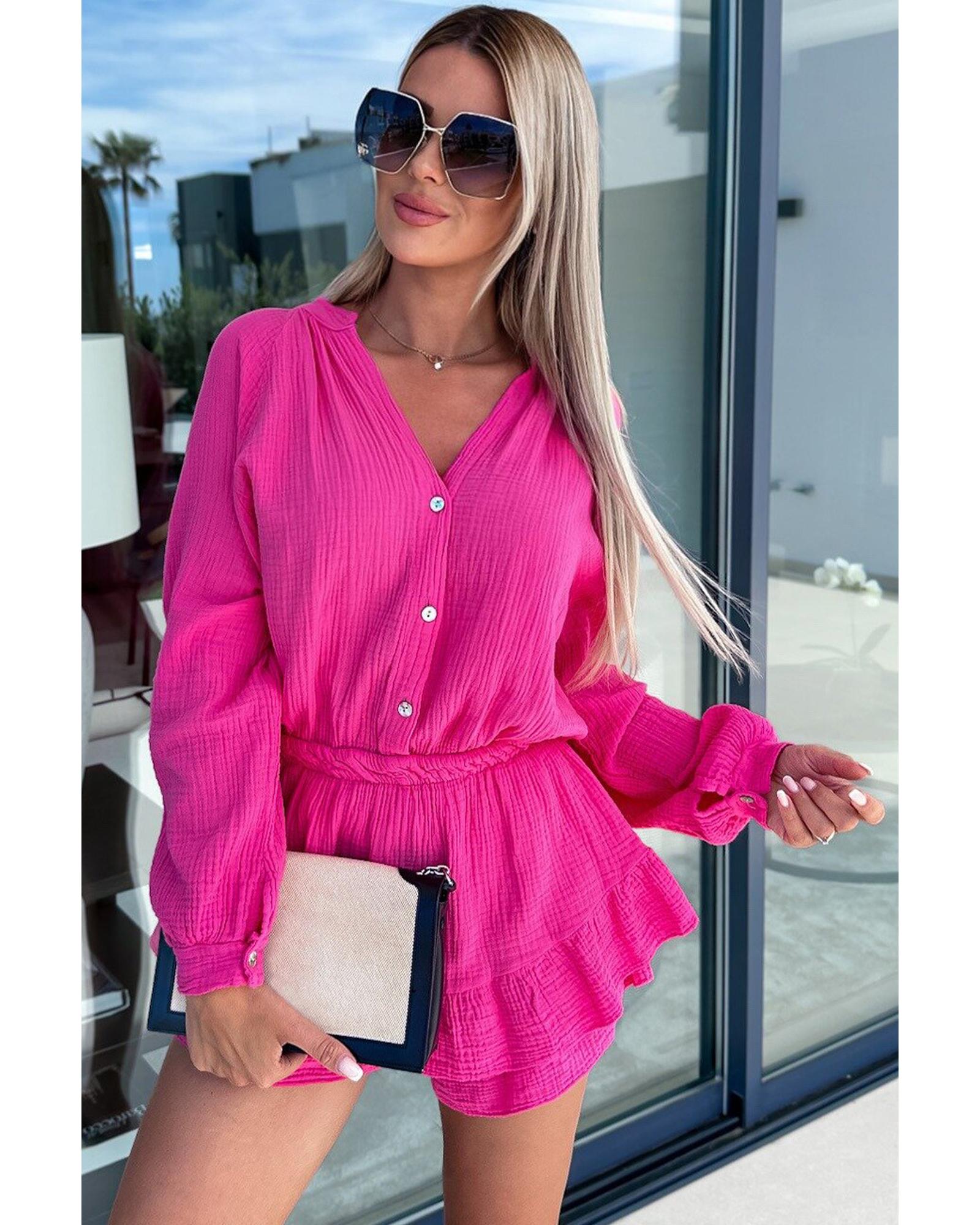 Azura Exchange Rose Textured Tiered Ruffled Buttoned Long Sleeve Romper - L