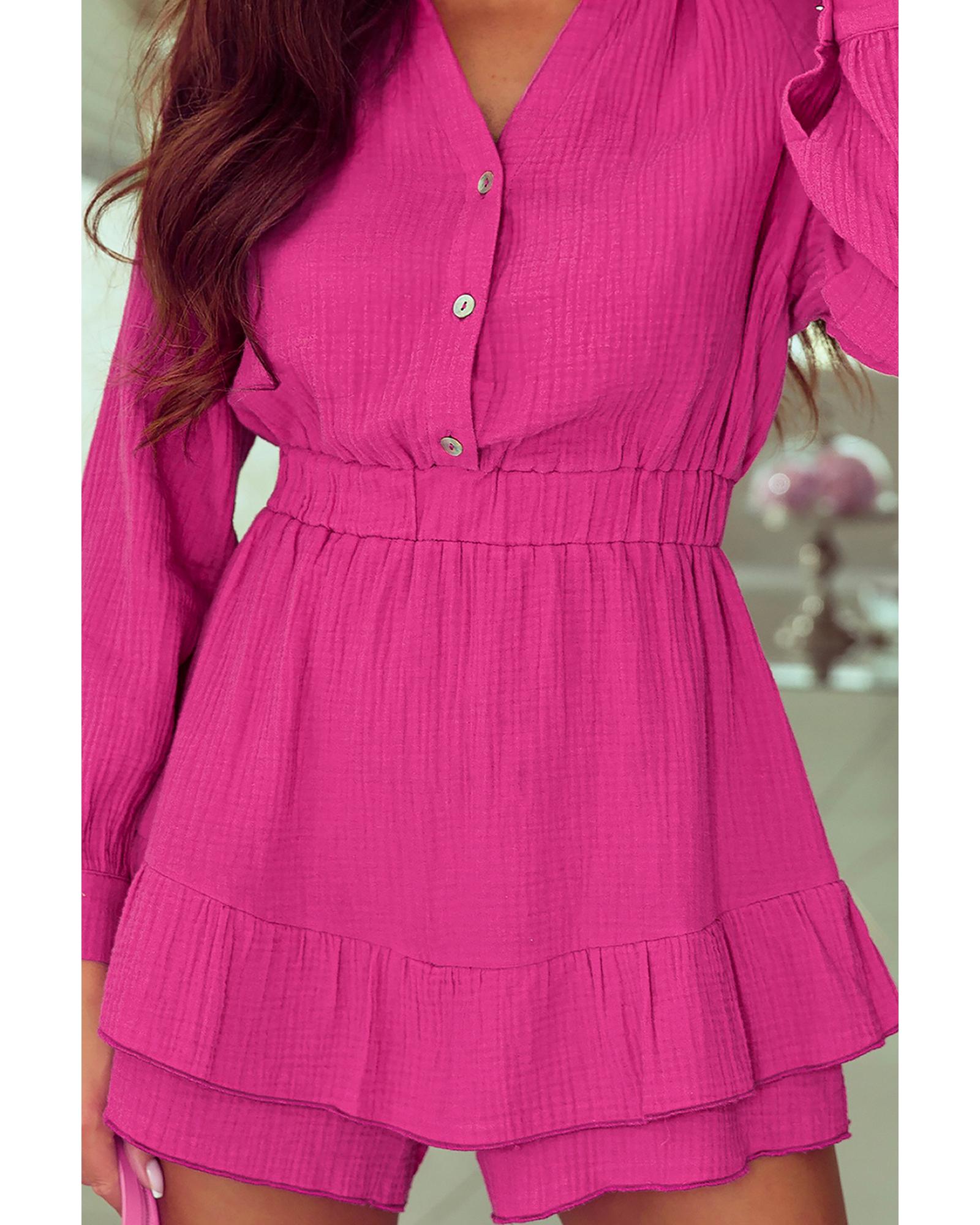 Azura Exchange Rose Textured Tiered Ruffled Buttoned Long Sleeve Romper - M