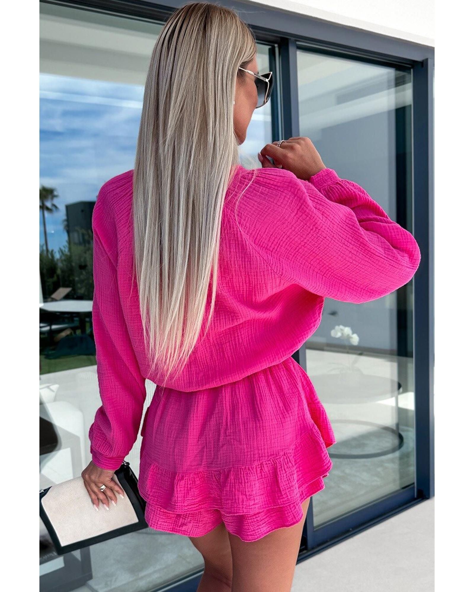 Azura Exchange Rose Textured Tiered Ruffled Buttoned Long Sleeve Romper - S