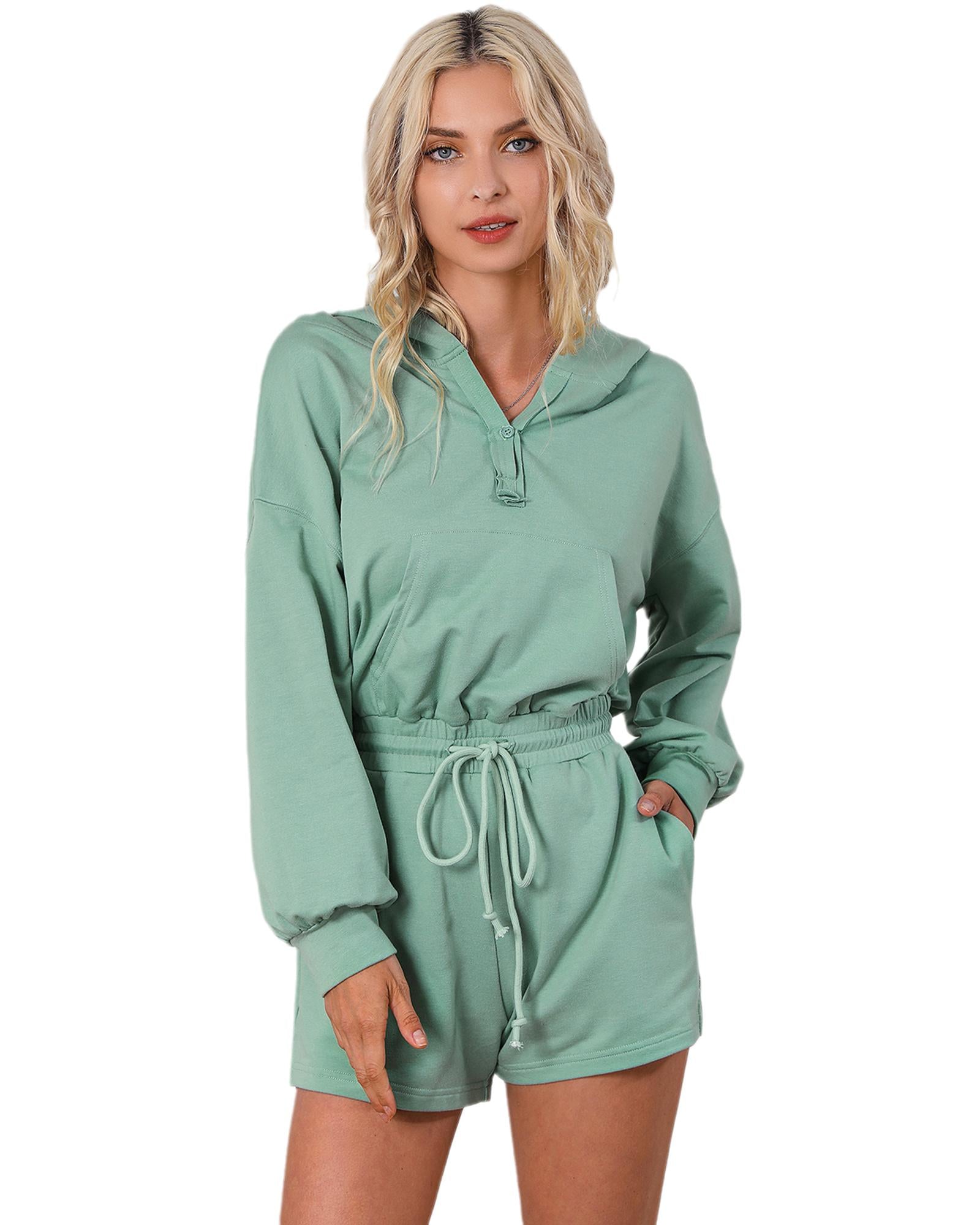 Blue French Terry Hoodie Romper - L