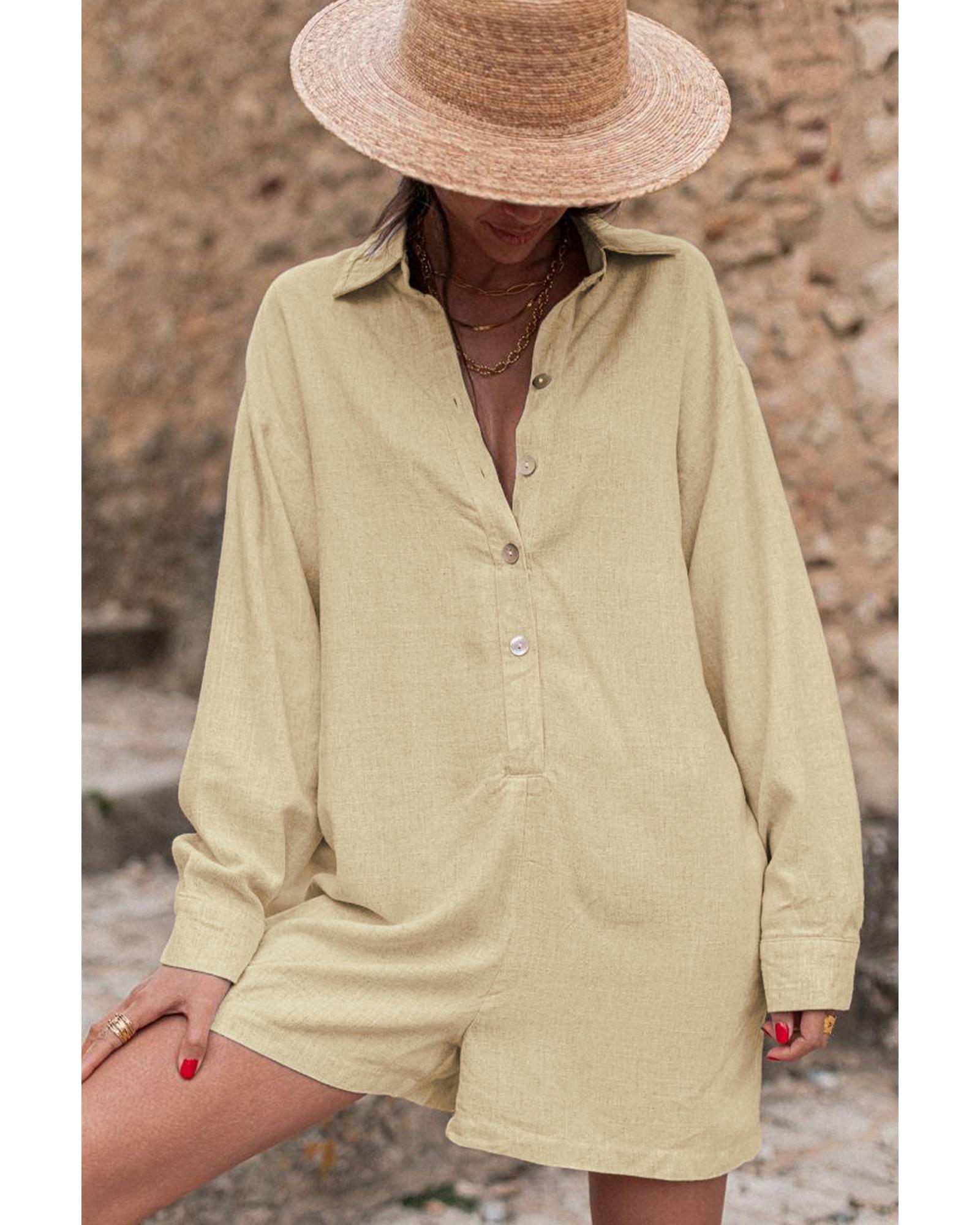 Half Button Shirt Collar Long Sleeve Loose Romper - L