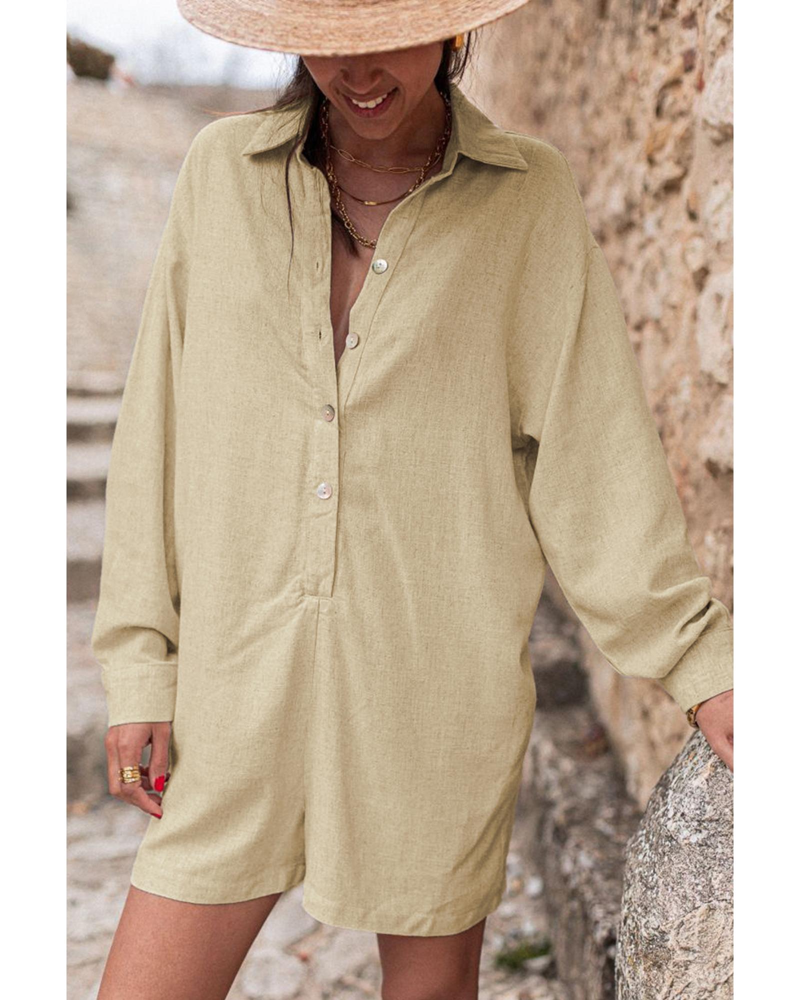 Half Button Shirt Collar Long Sleeve Loose Romper - S