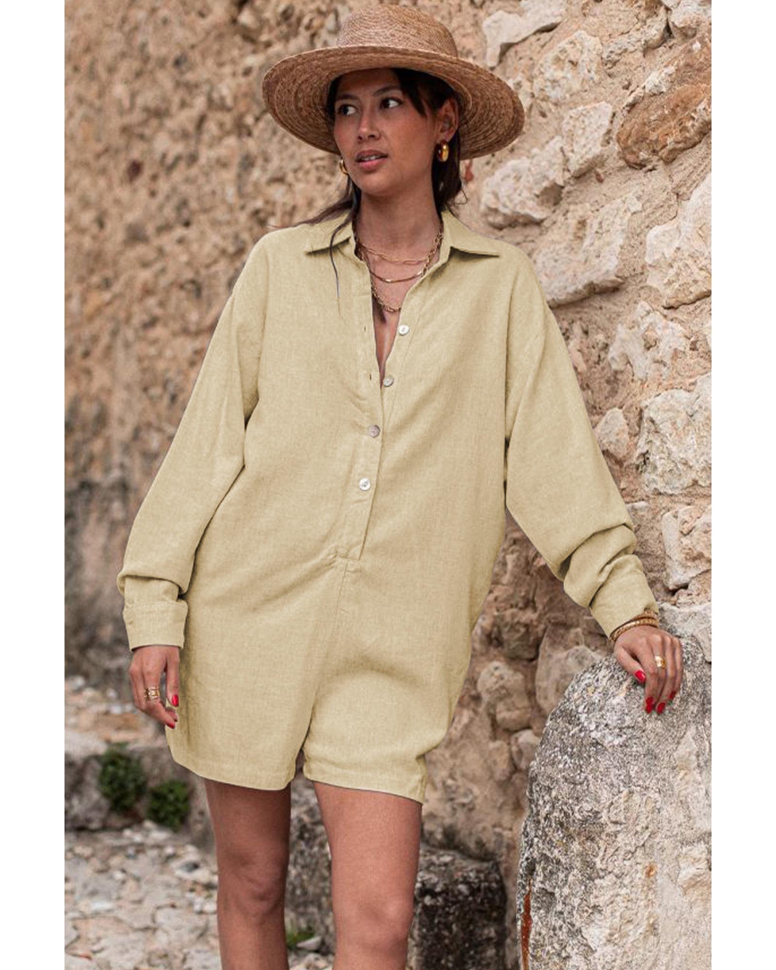 Half Button Shirt Collar Long Sleeve Loose Romper - XL