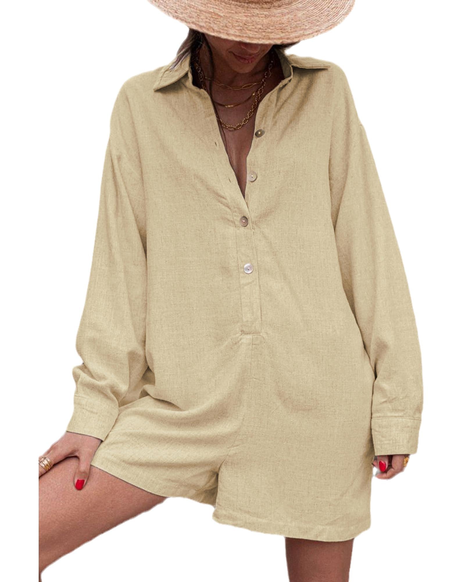 Half Button Shirt Collar Long Sleeve Loose Romper - XL