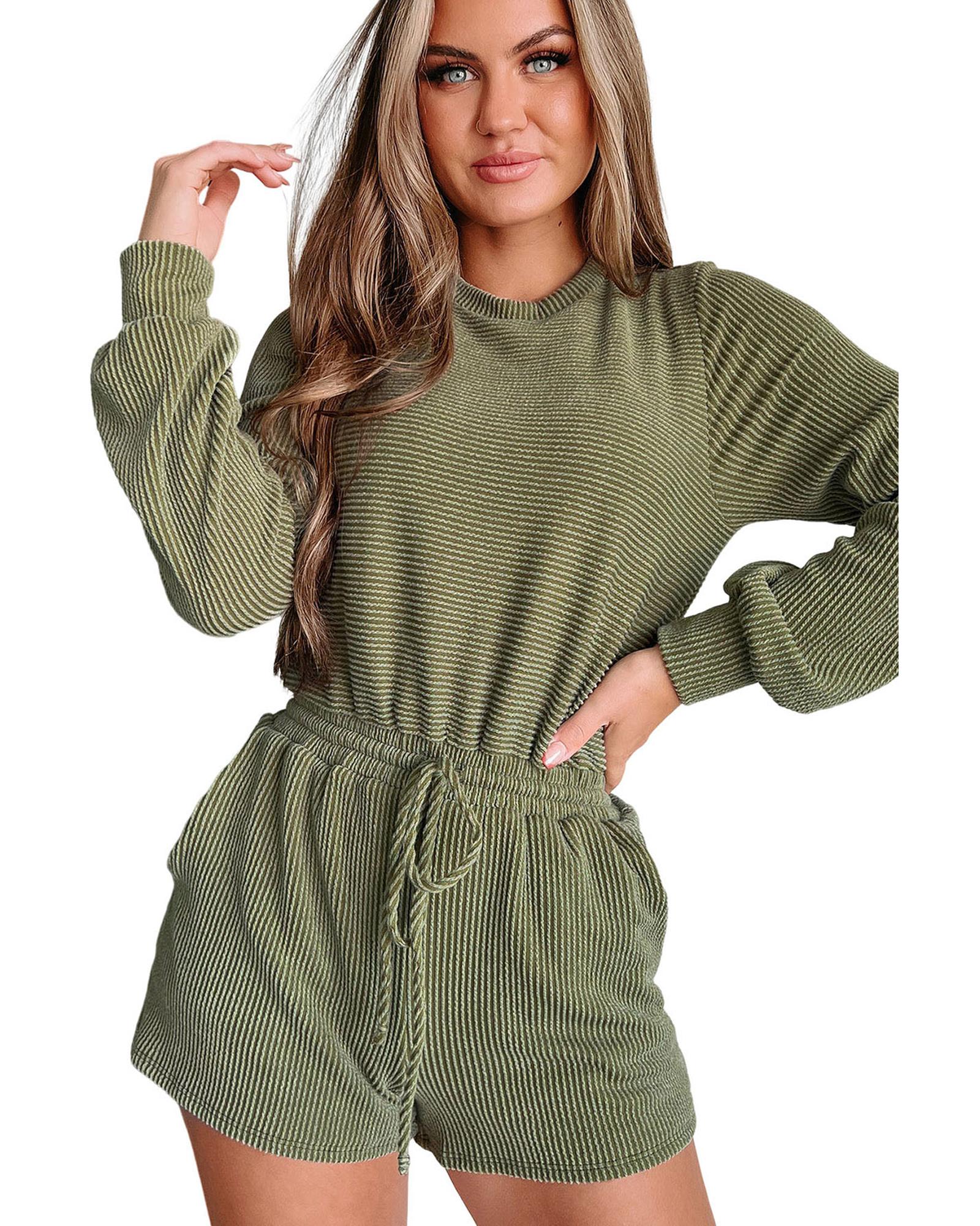 Pickle Green Corded Pullover Long Sleeve Drawstring Romper - M