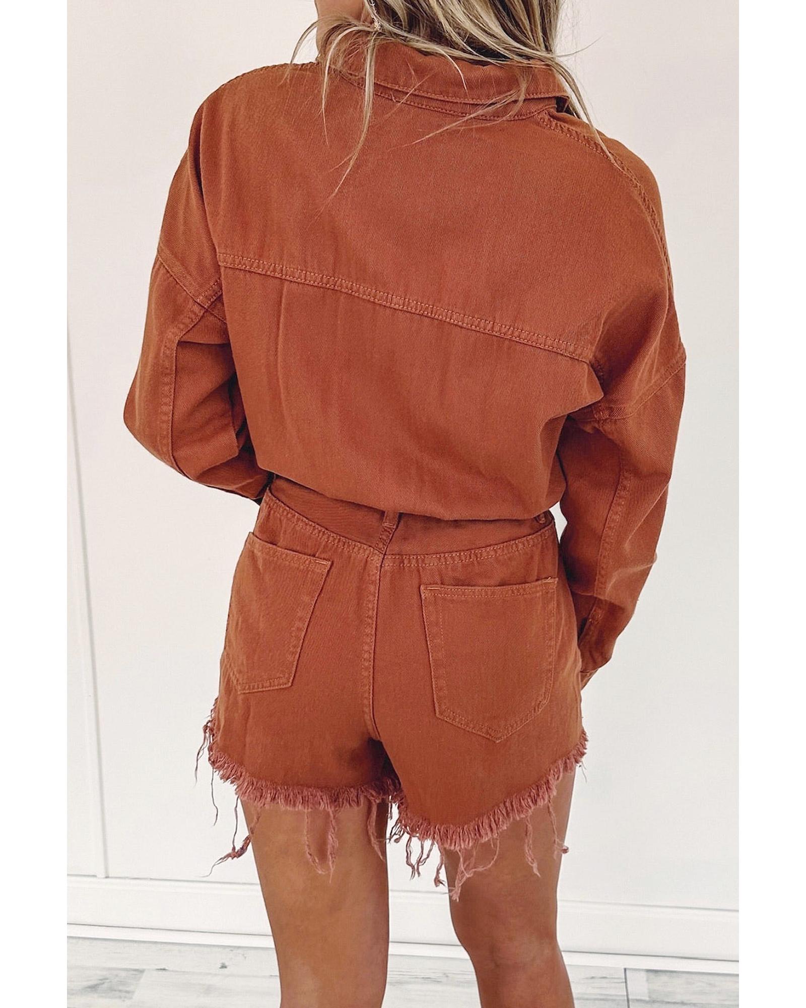 Gold Flame Long Sleeve Snap Buttons Distressed Denim Romper - M