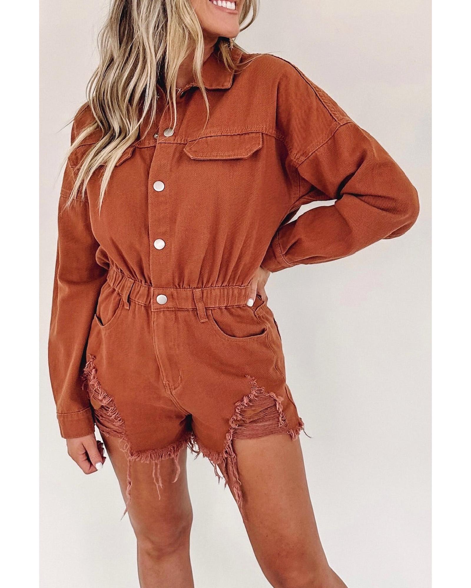 Gold Flame Long Sleeve Snap Buttons Distressed Denim Romper - M