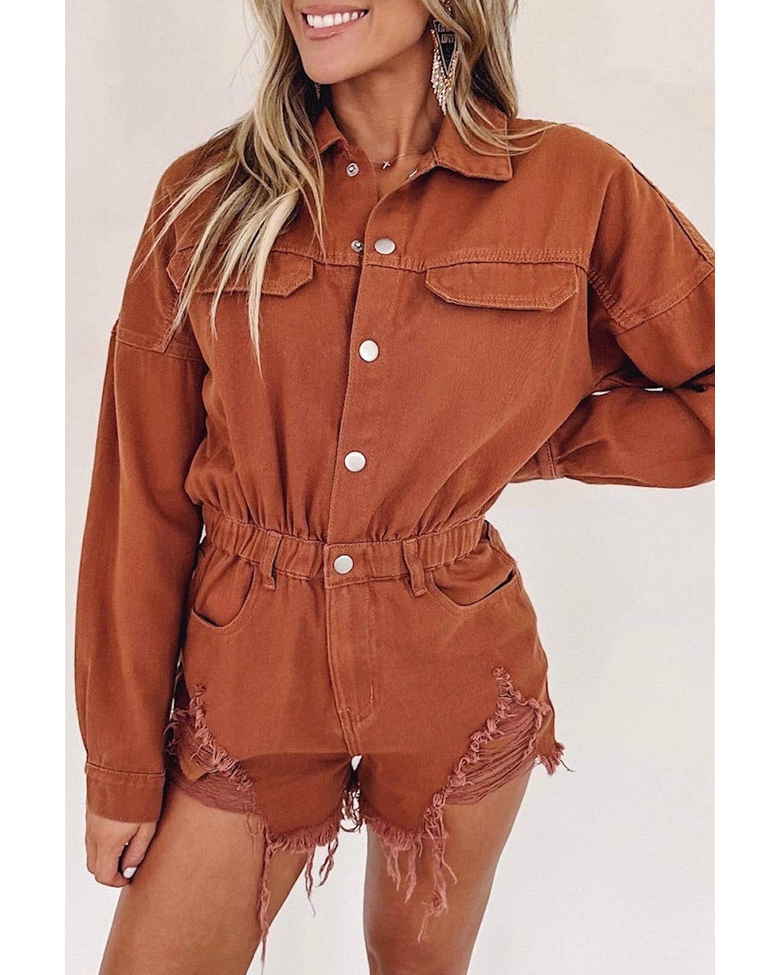 Gold Flame Long Sleeve Snap Buttons Distressed Denim Romper - M