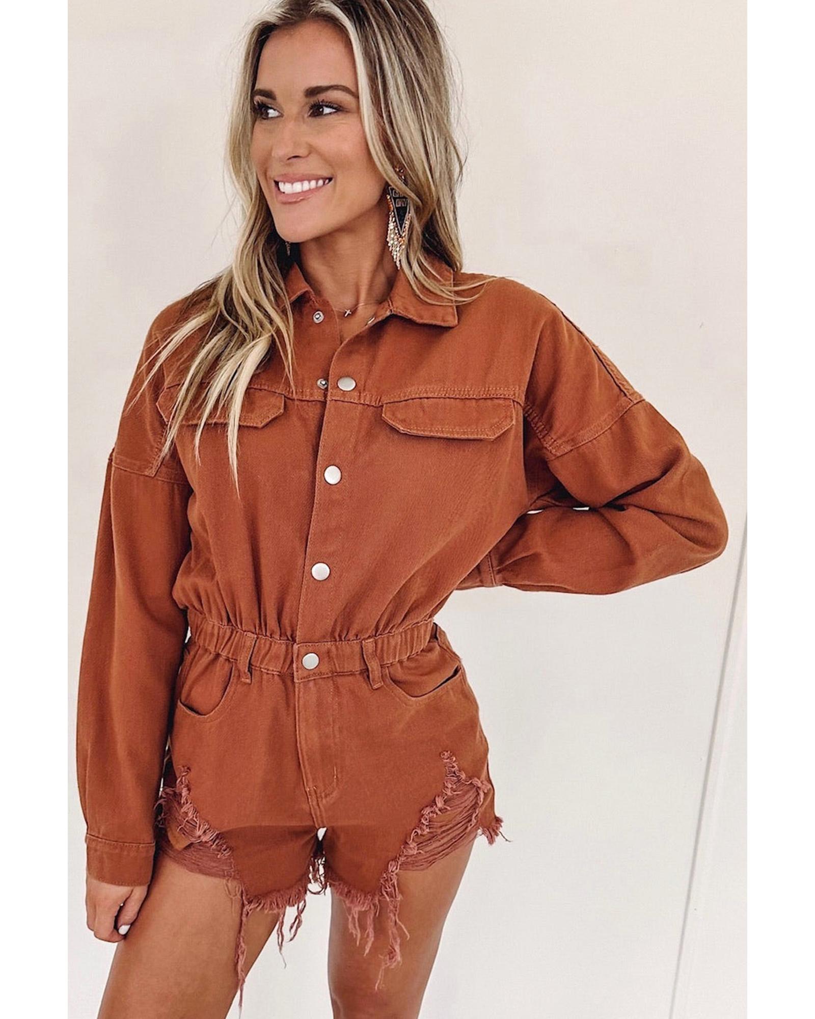 Gold Flame Long Sleeve Snap Buttons Distressed Denim Romper - M