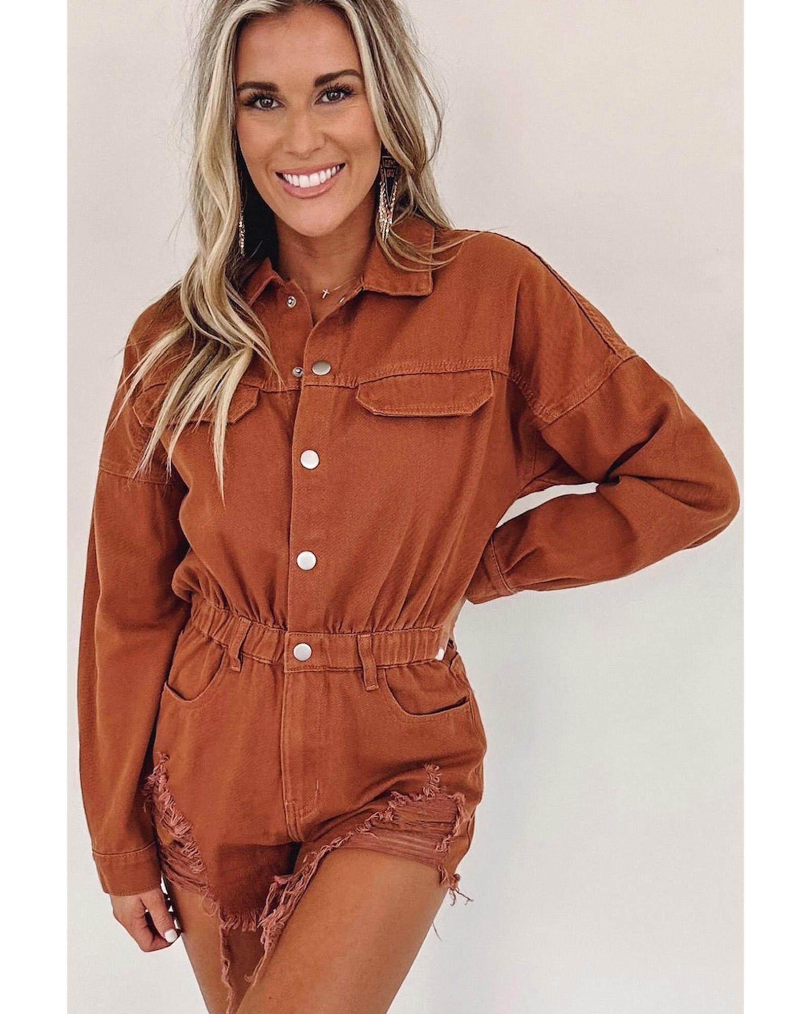 Gold Flame Long Sleeve Snap Buttons Distressed Denim Romper - S