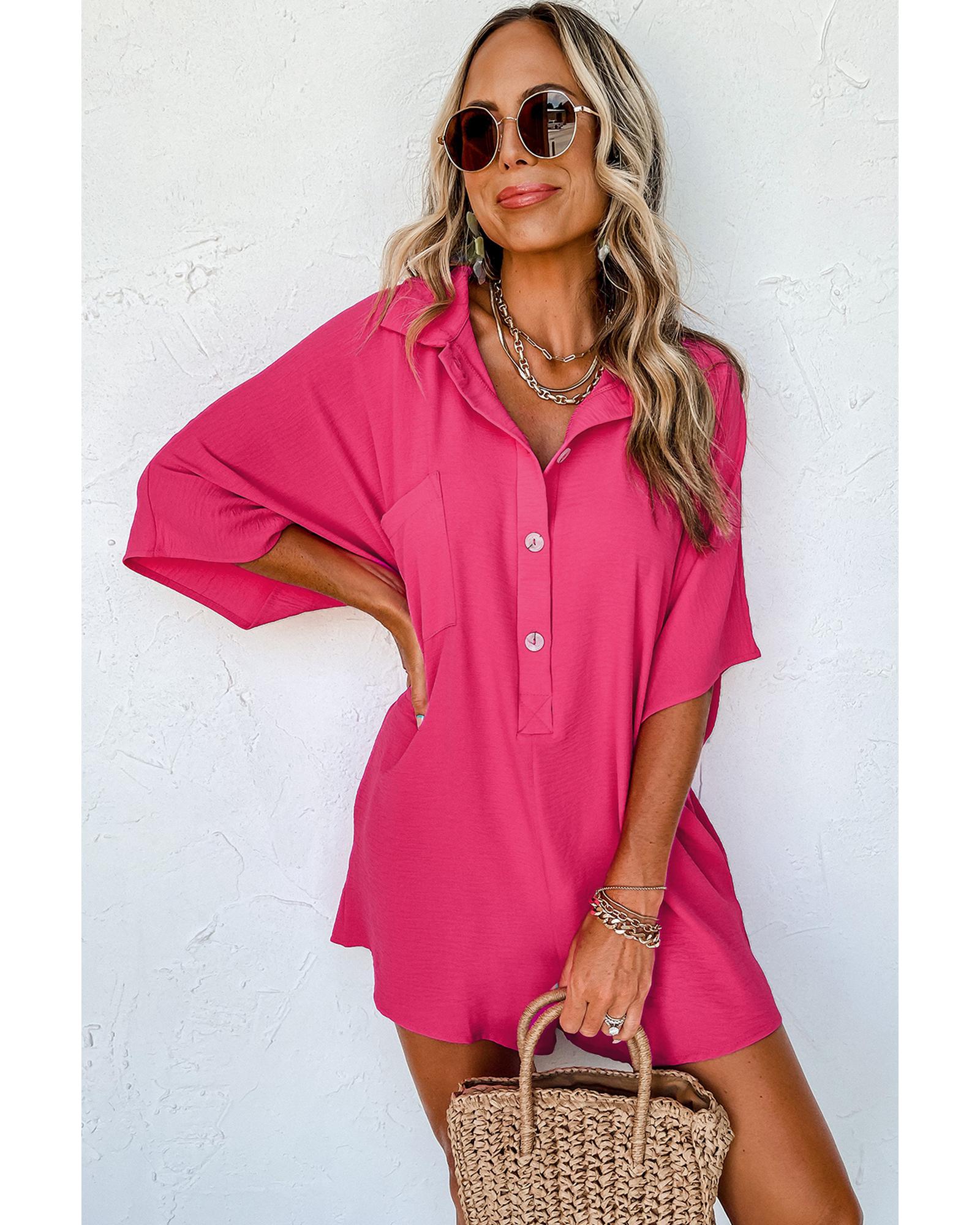 Bright Pink Half Button Collared Loose Romper - L