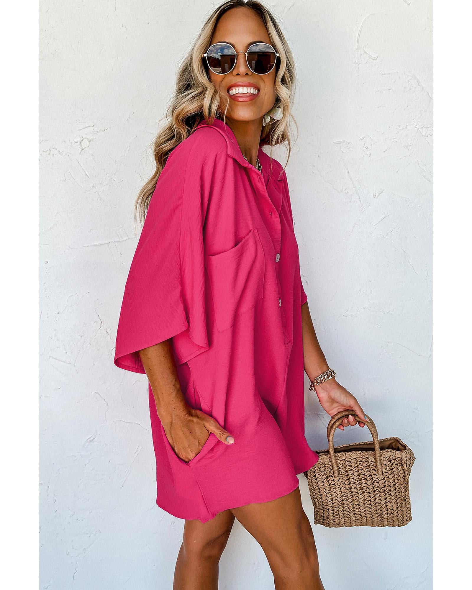 Bright Pink Half Button Collared Loose Romper - M