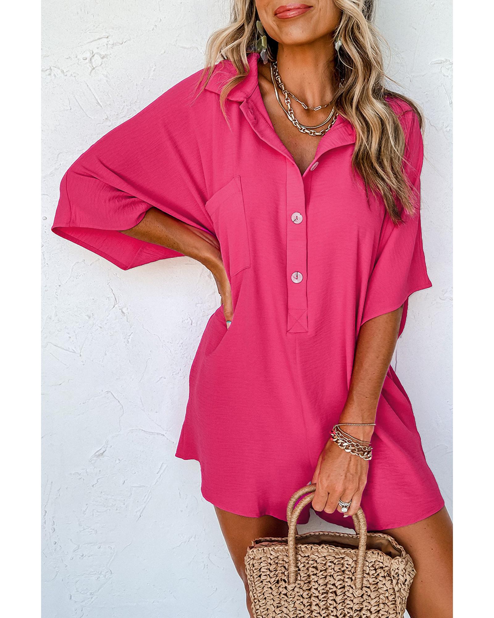 Bright Pink Half Button Collared Loose Romper - S