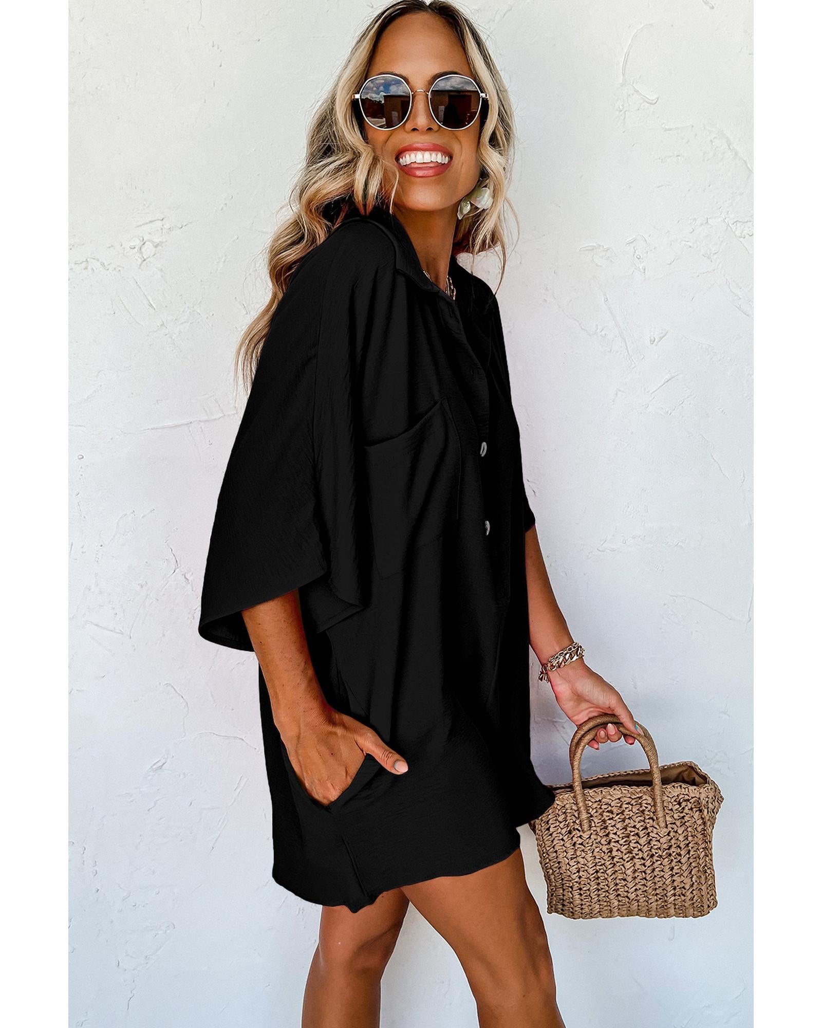 Black Half Button Collared Loose Romper - S