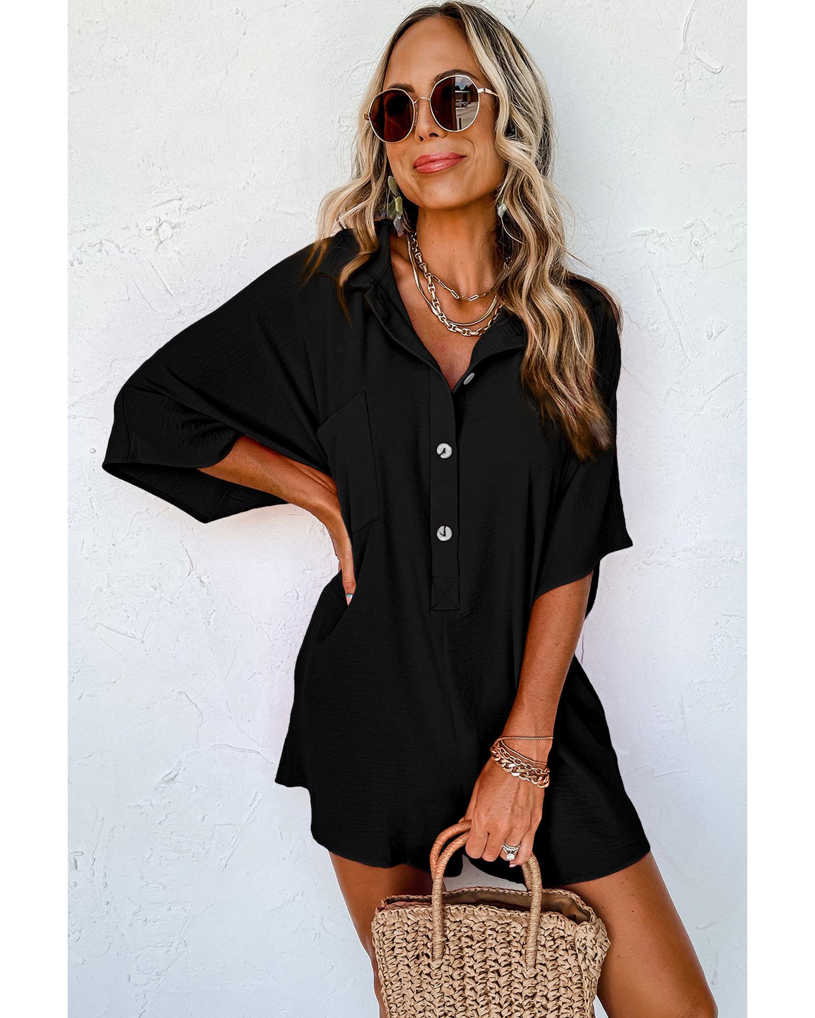 Black Half Button Collared Loose Romper - S