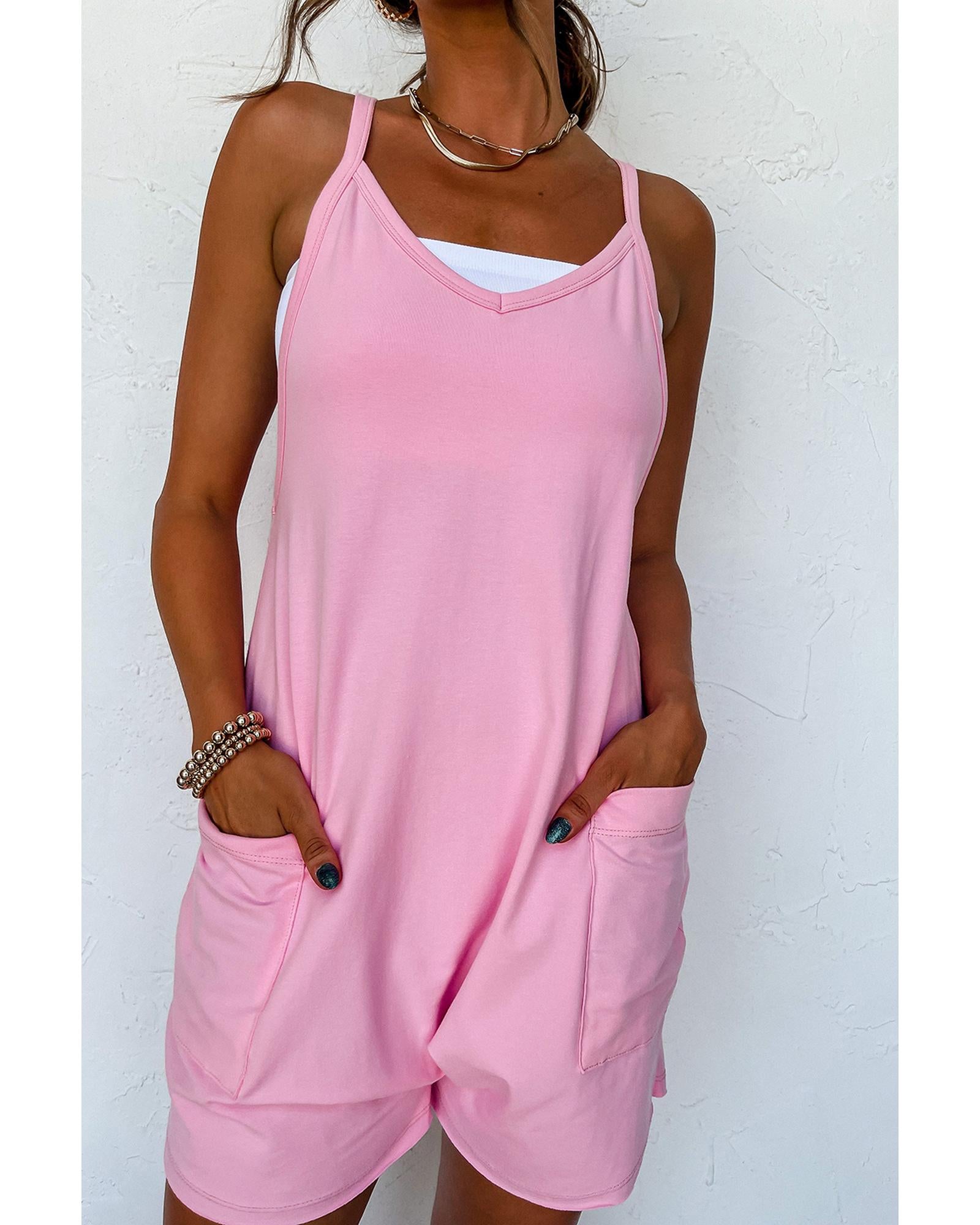 Pink Spaghetti Straps V Neck Jersey Romper - XL