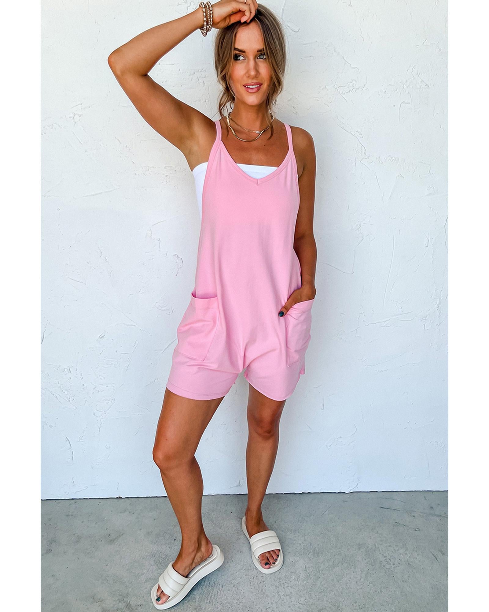 Pink Spaghetti Straps V Neck Jersey Romper - XL
