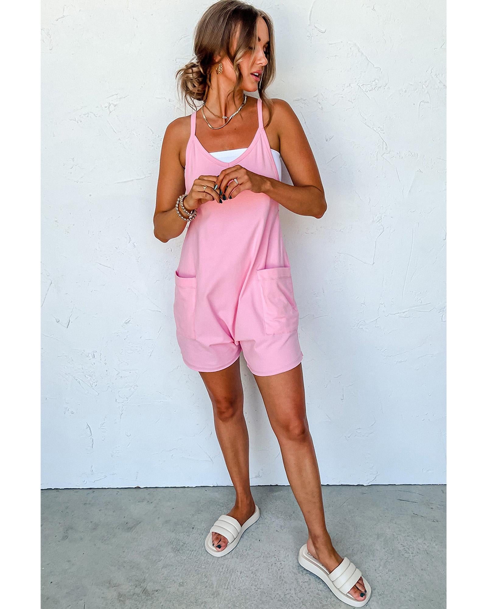 Pink Spaghetti Straps V Neck Jersey Romper - XL