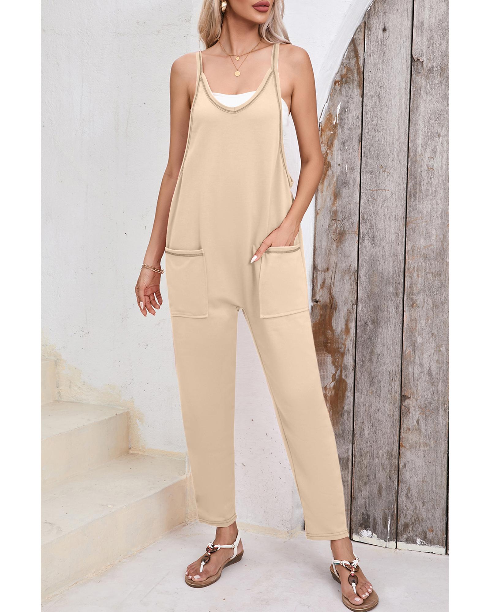 Apricot Side Pockets Harem Pants Sleeveless V Neck Jumpsuit - L